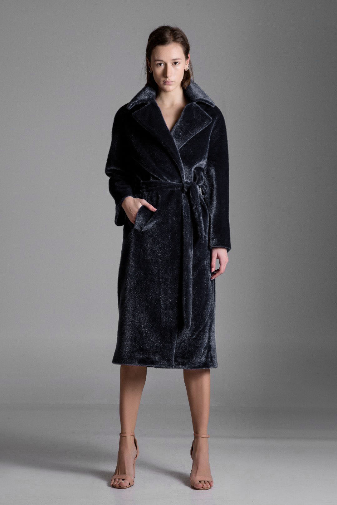 Black Oversized Belted Faux-fur Coat