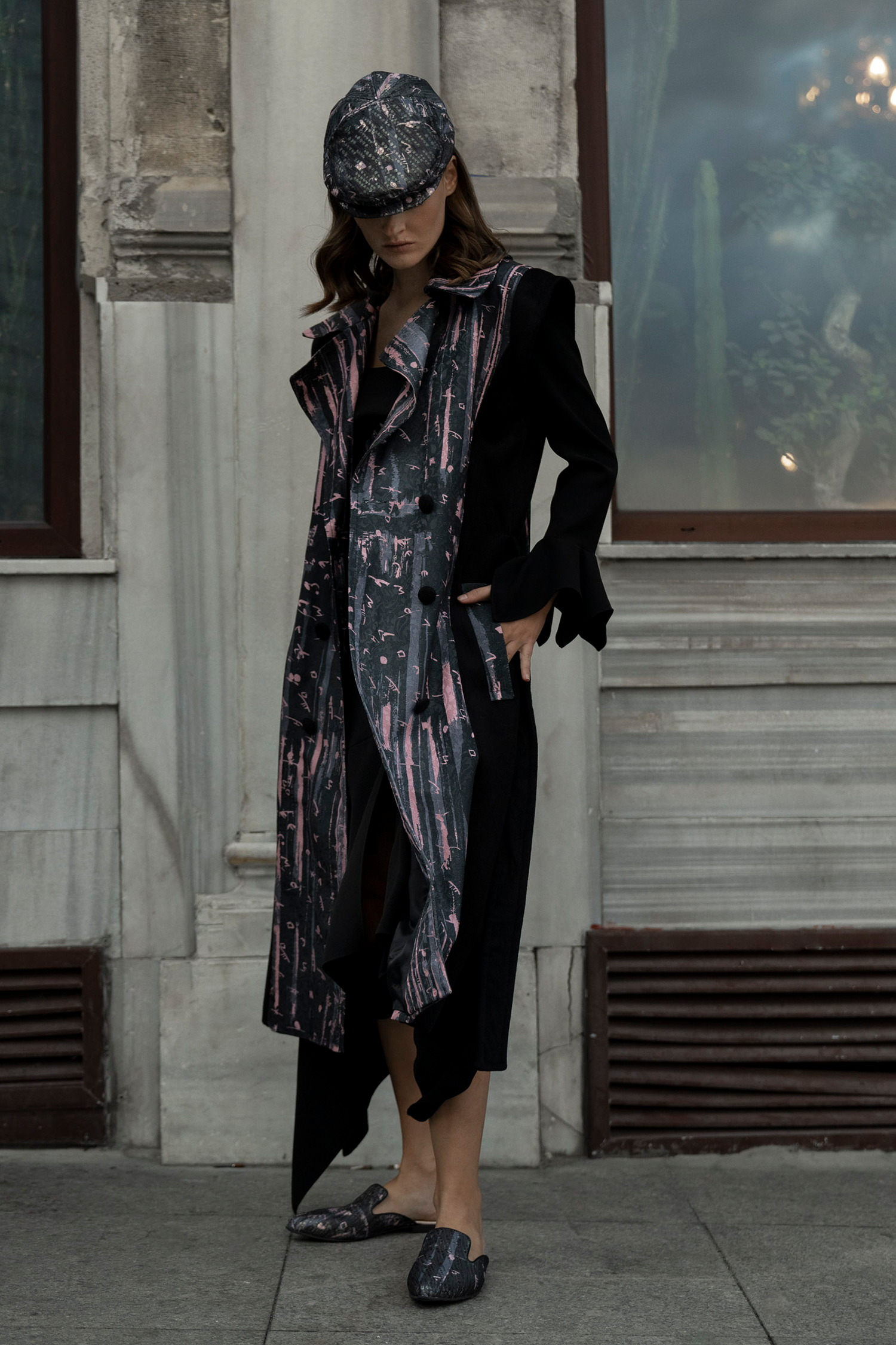 Black Pink Bosančica Wool Brocade Sleeveless Coat
