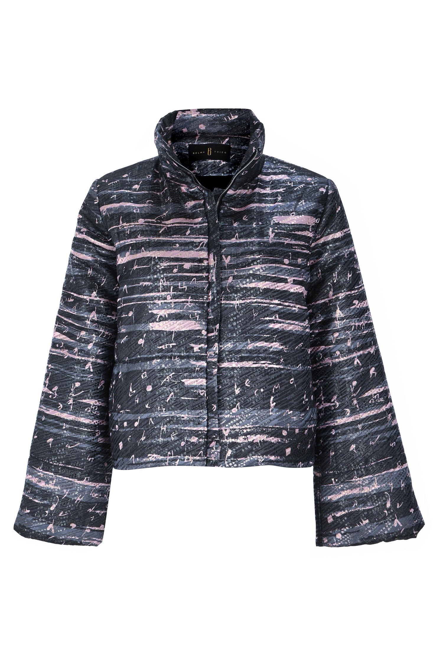 Black Pink High Collar Brocade Winter Jacket