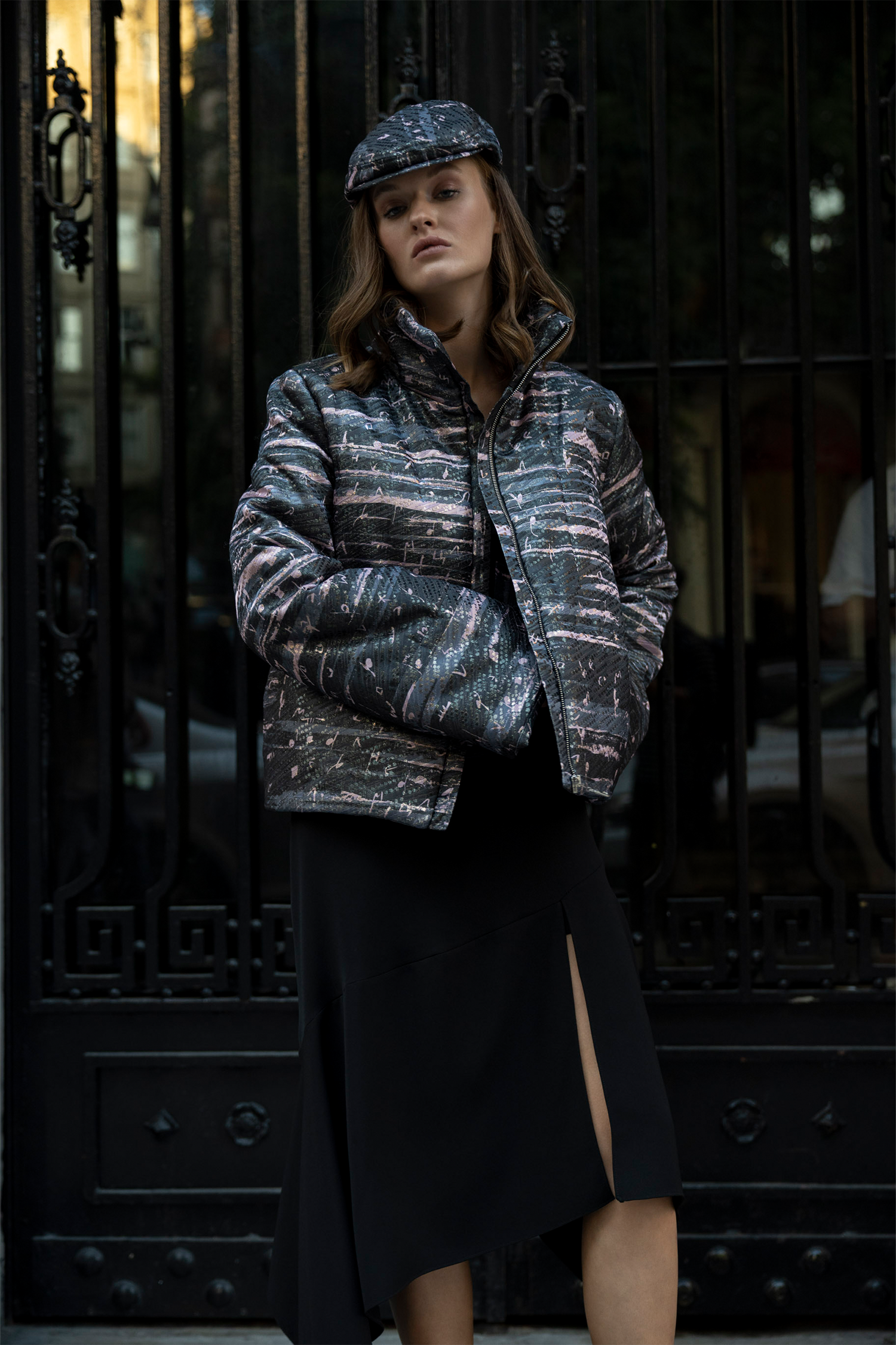 Black Pink High Collar Brocade Winter Jacket