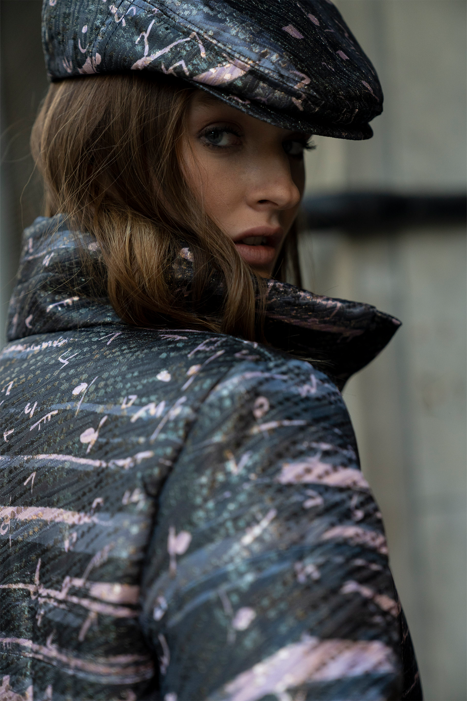 Black Pink High Collar Brocade Winter Jacket