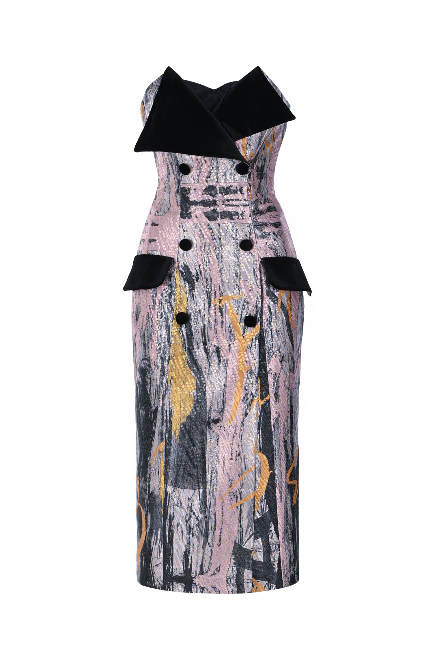 Black Pink Mid Length Collared Neckline Dress