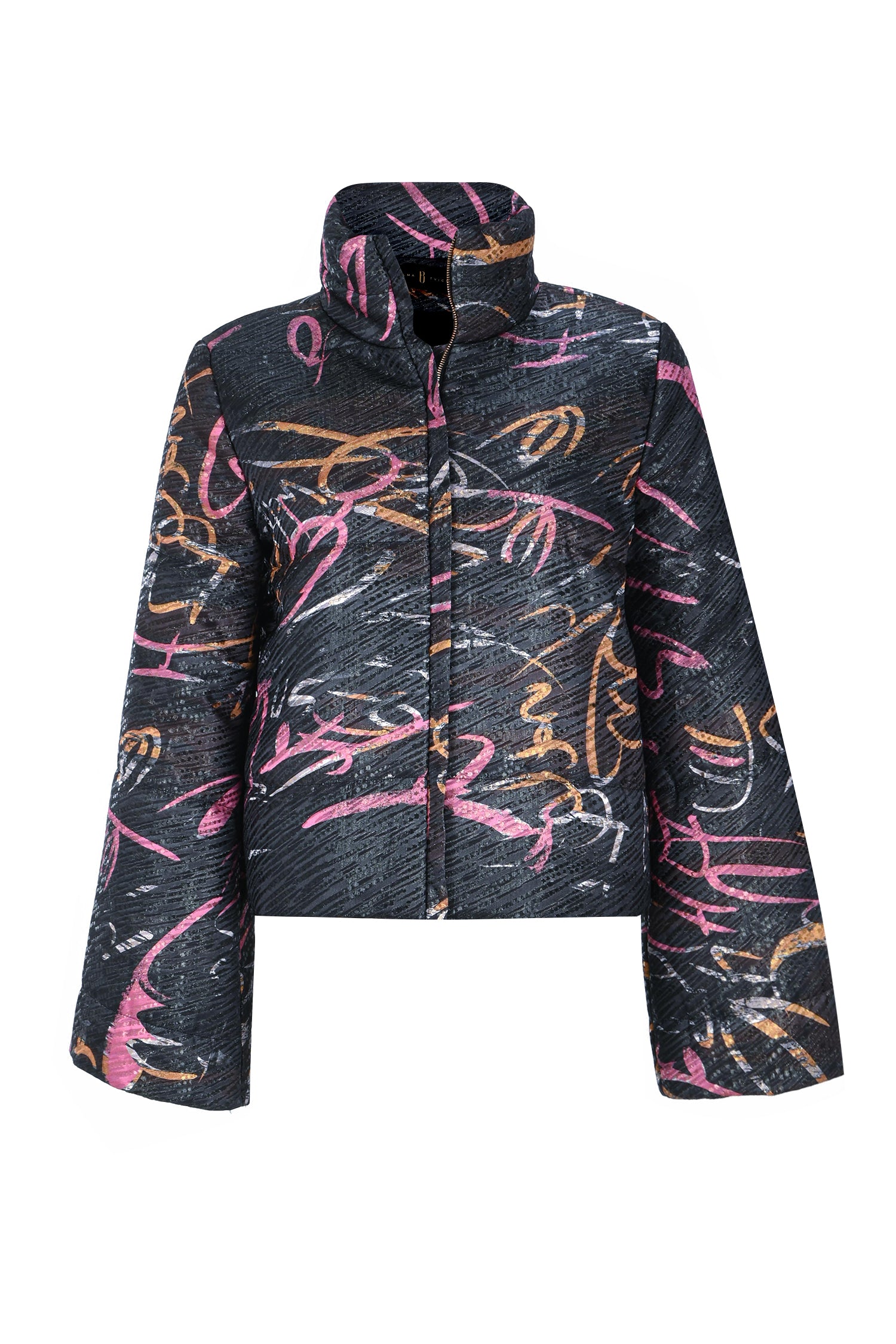 Black Pink Orange High Collar Brocade Winter Jacket