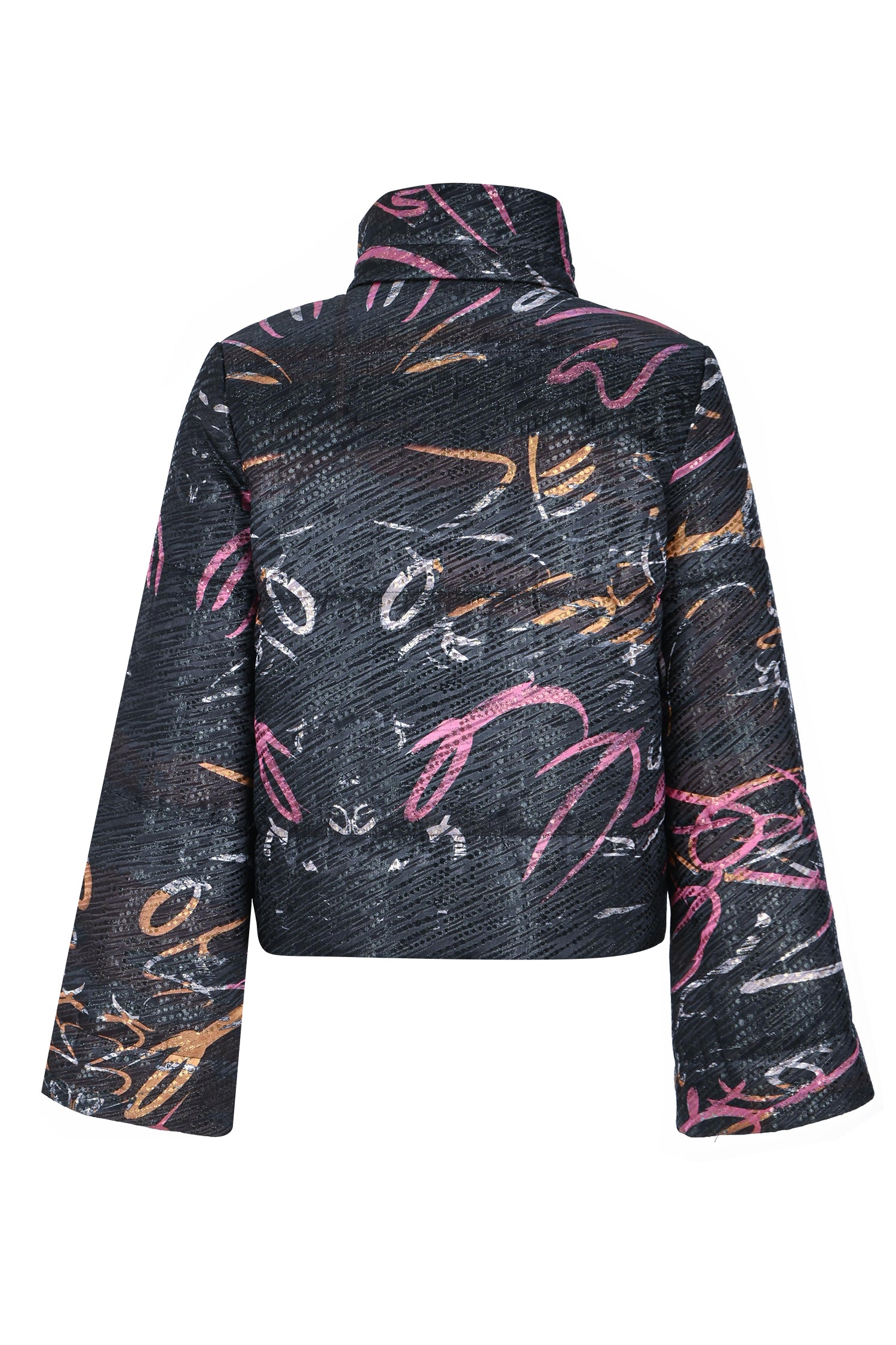Black Pink Orange High Collar Brocade Winter Jacket