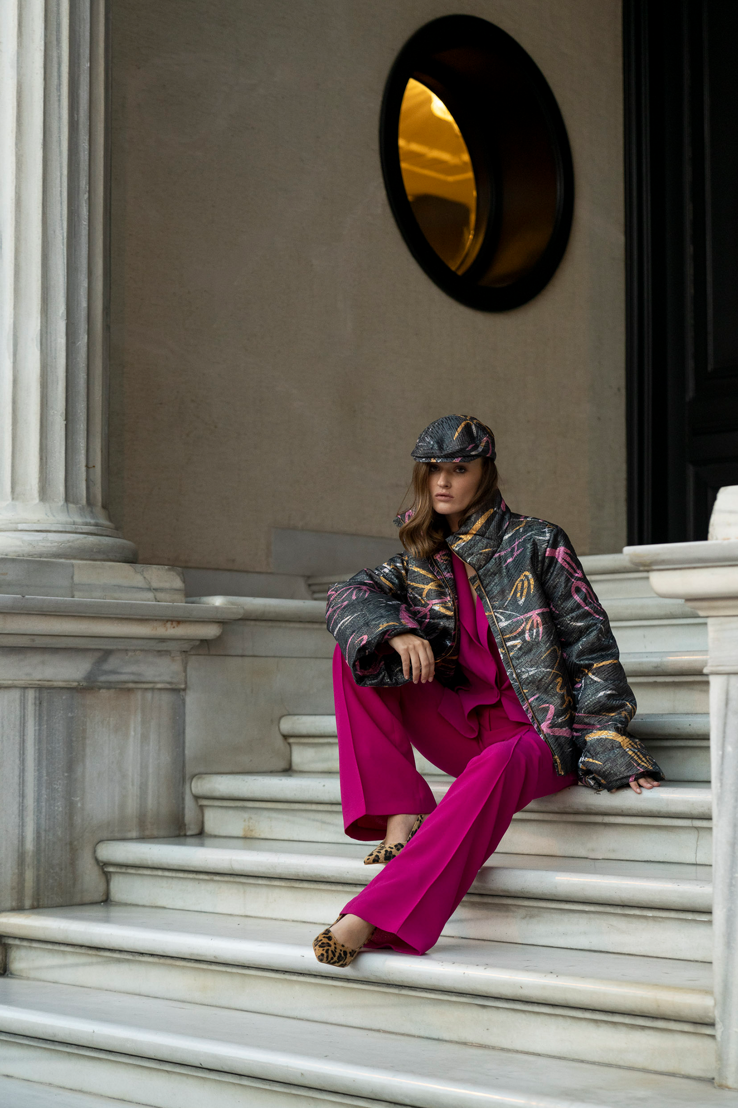 Black Pink Orange High Collar Brocade Winter Jacket