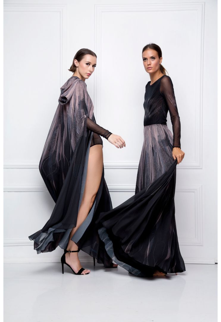Black Pink Printed Chiffon Hooded Abaya Cape