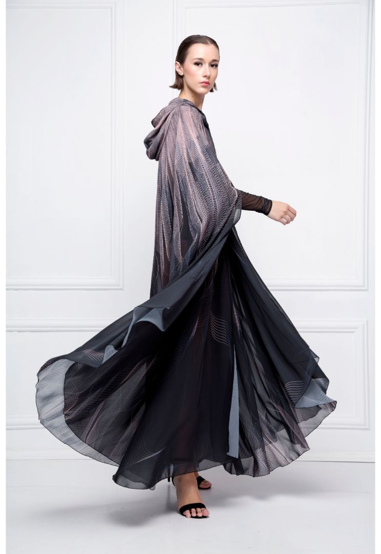 Black Pink Printed Chiffon Hooded Abaya Cape