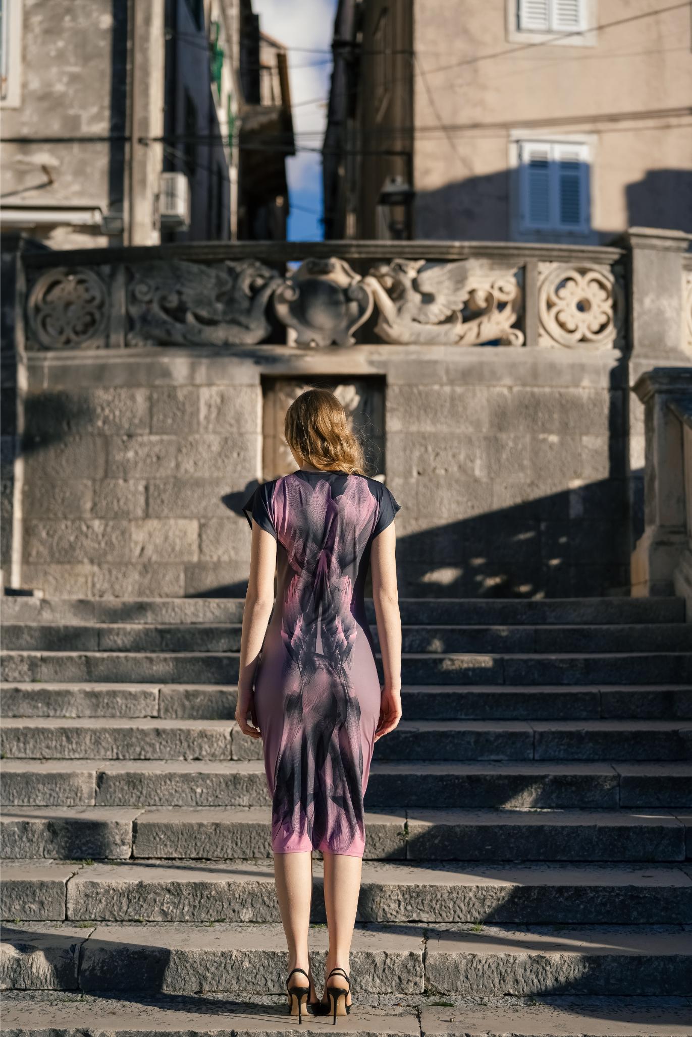 Black Pink Twilight Ruched Cocktail Dress