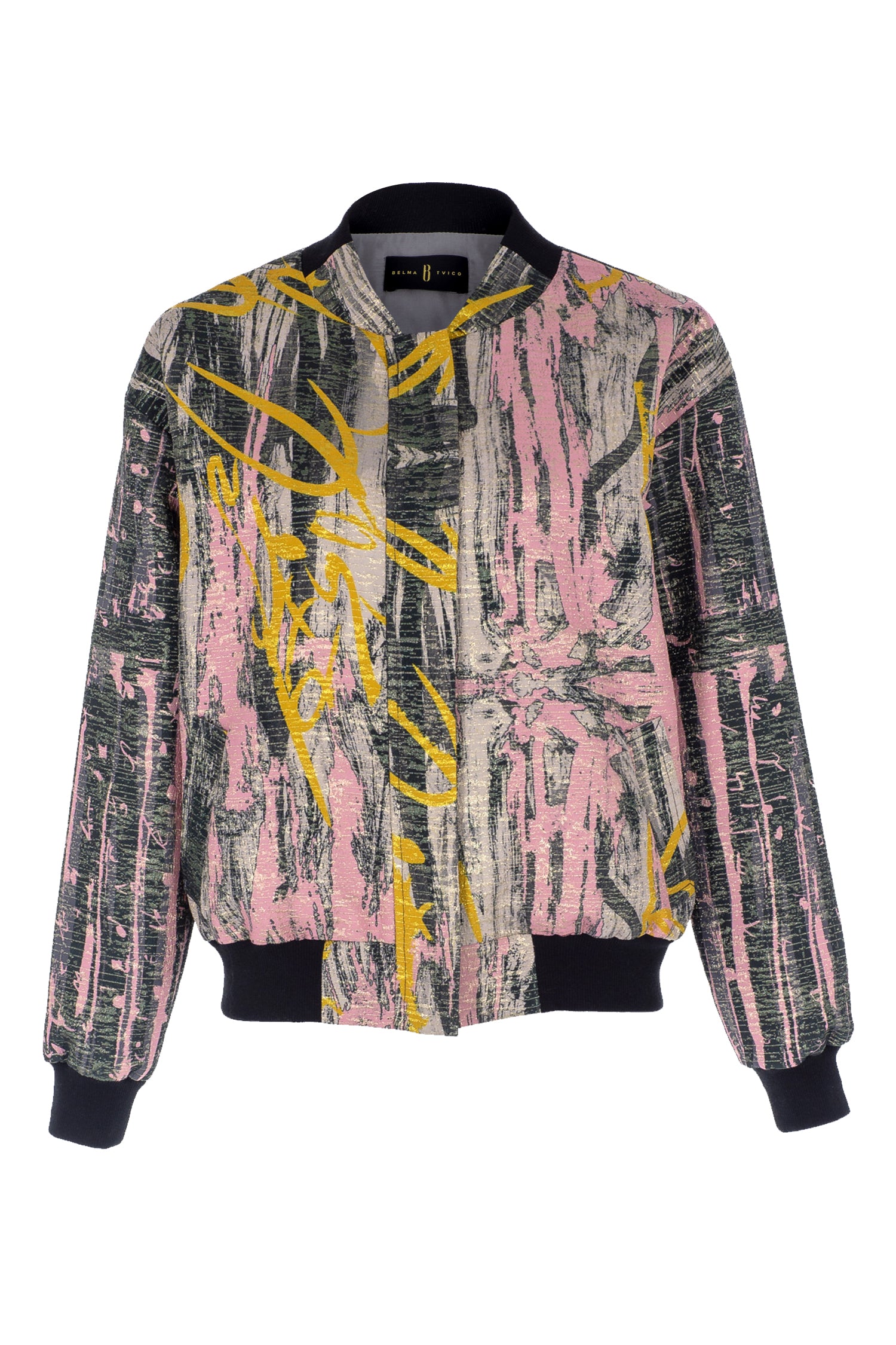 Black Pink Yellow Brocade Bomber Jacket