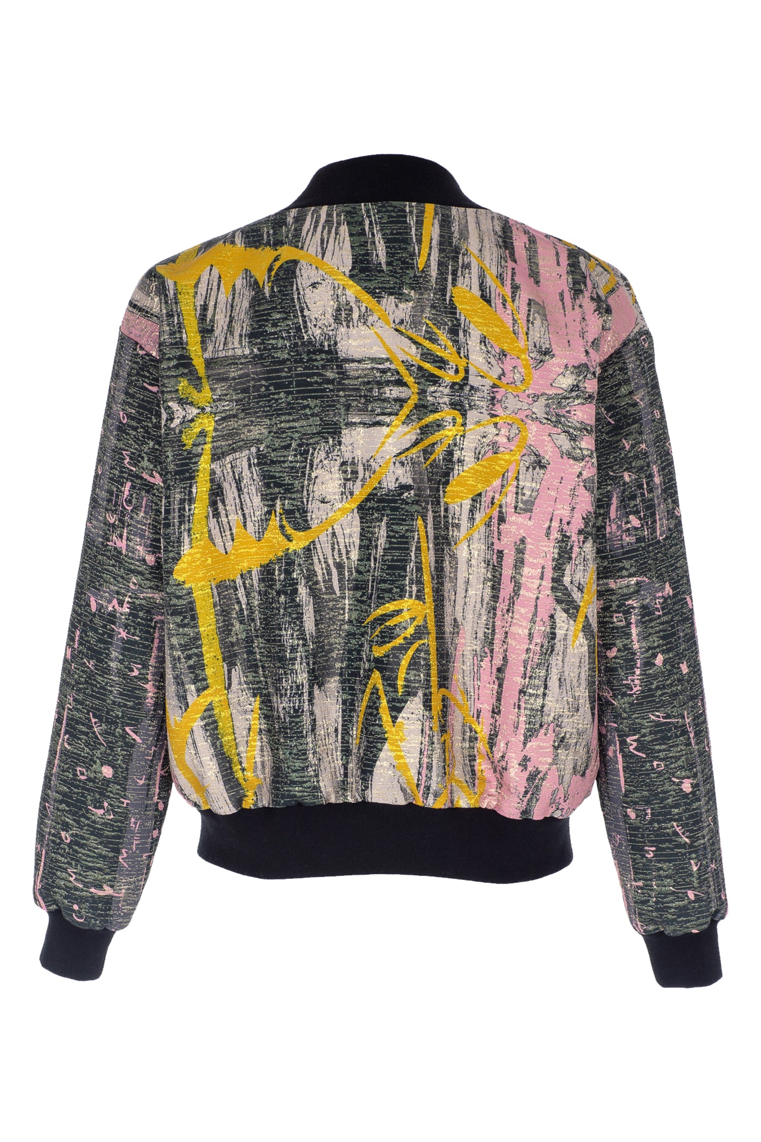 Black Pink Yellow Brocade Bomber Jacket