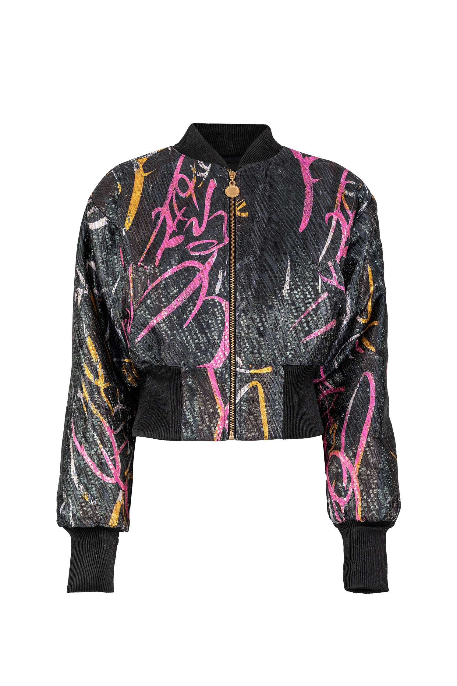 Black Pink Yellow Brocade Waist Fot Bomber Jacket