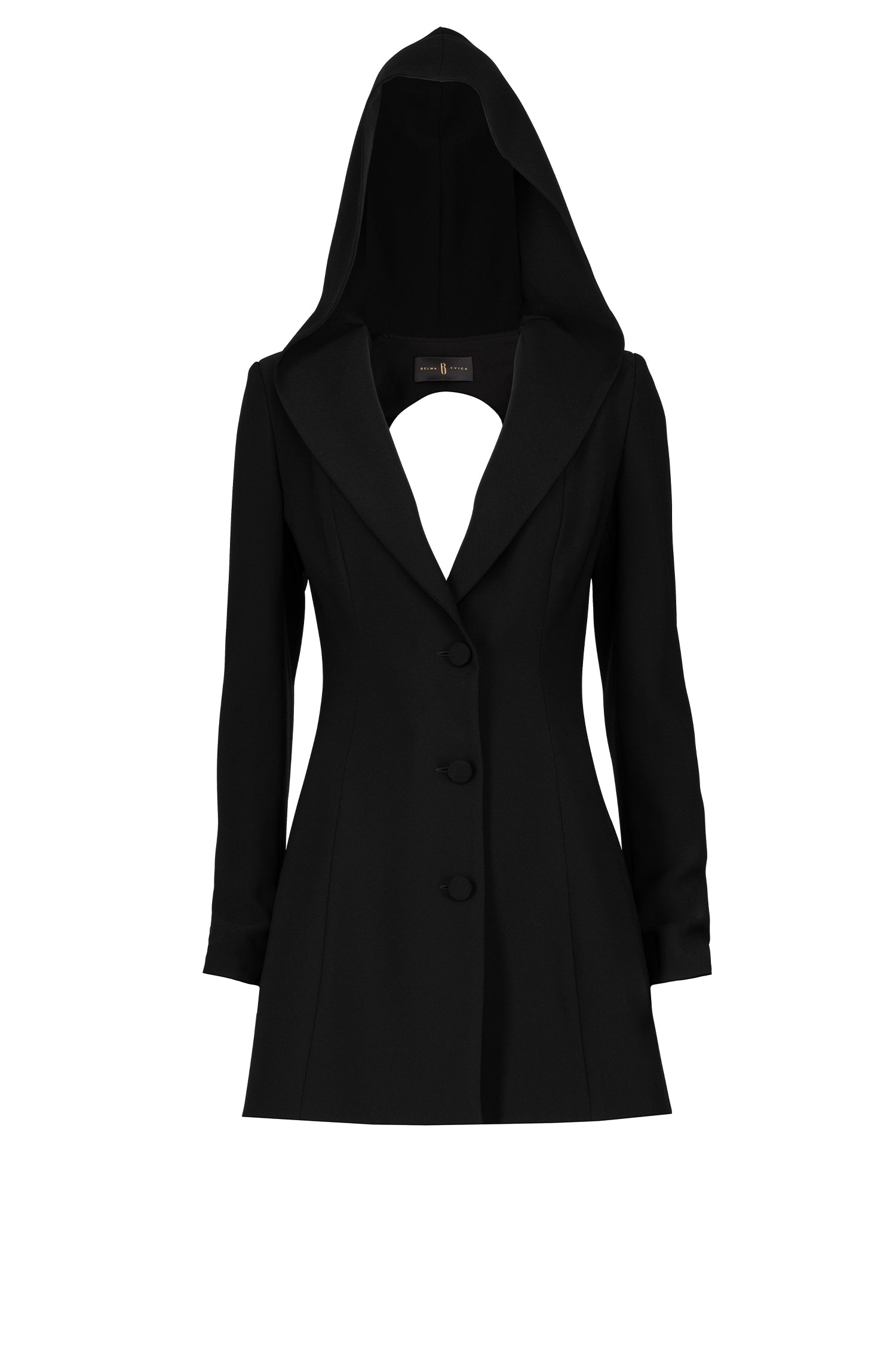 Black Plunging Back Hooded Blazer