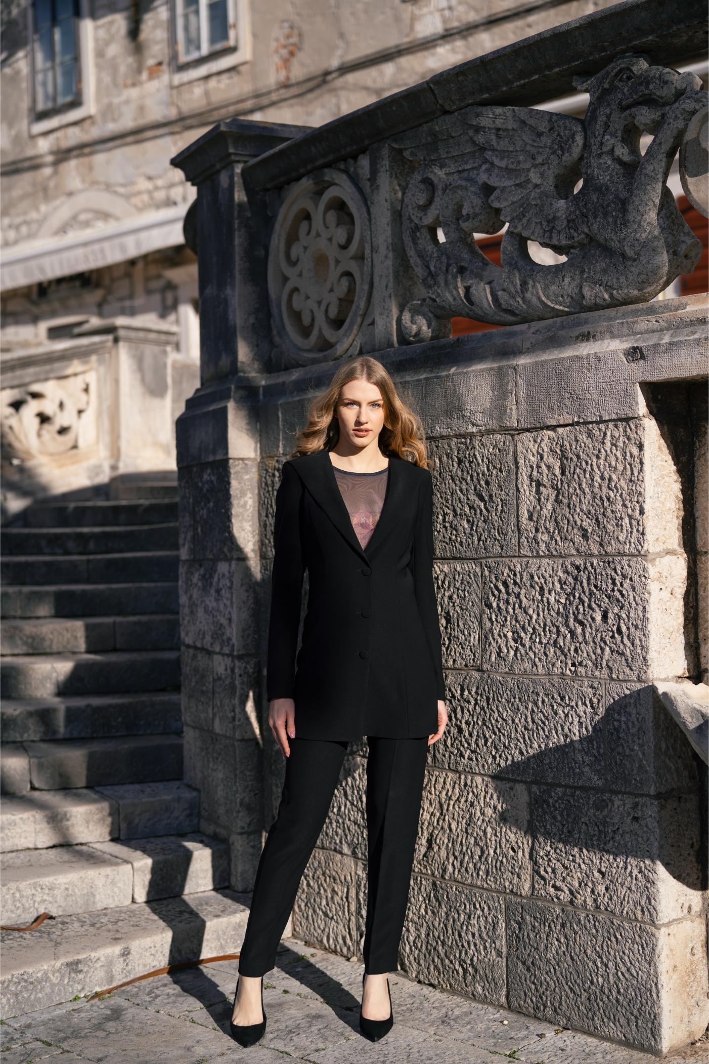 Black Plunging Back Hooded Blazer