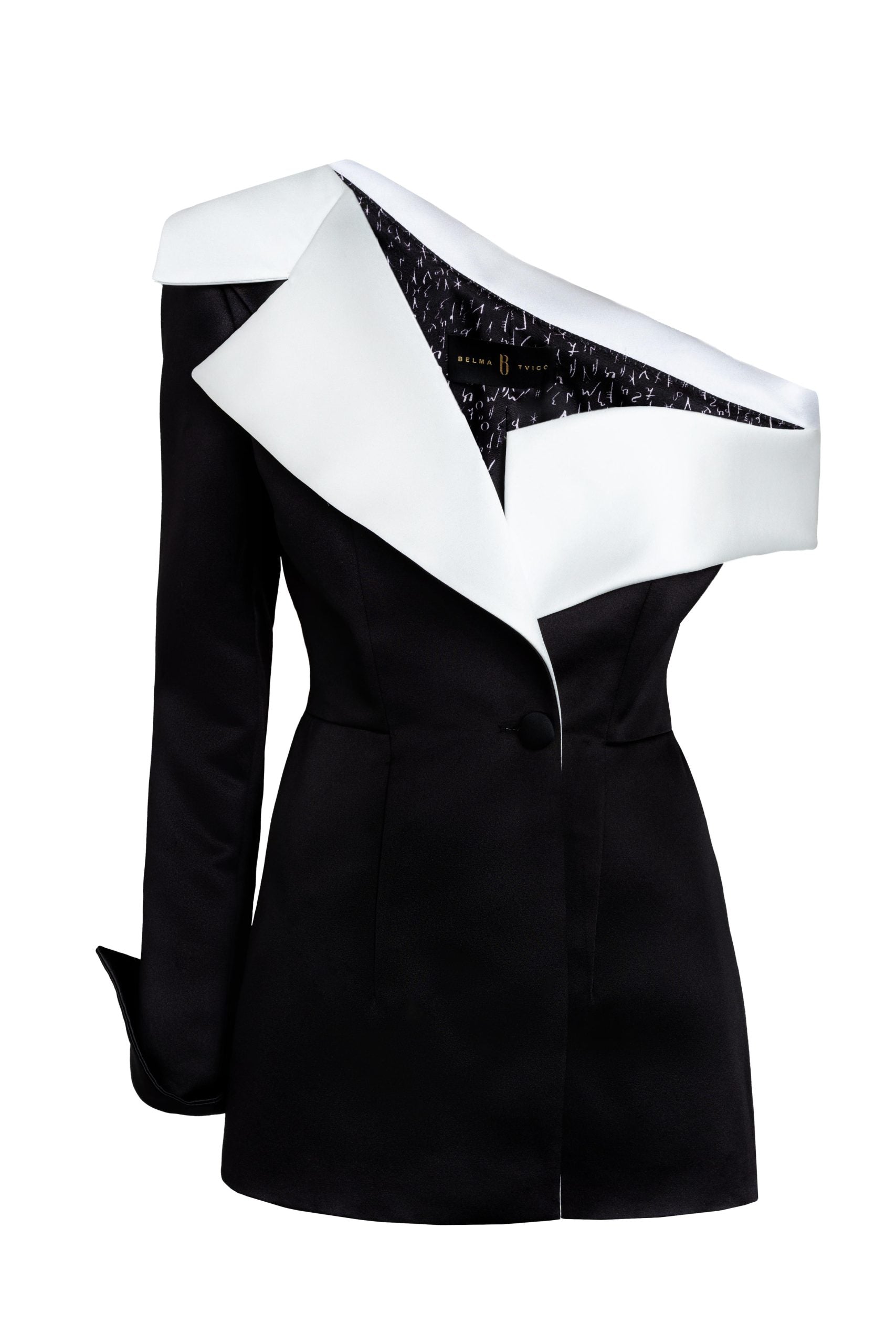 Black White Asymmetric Collar Satin Blazer