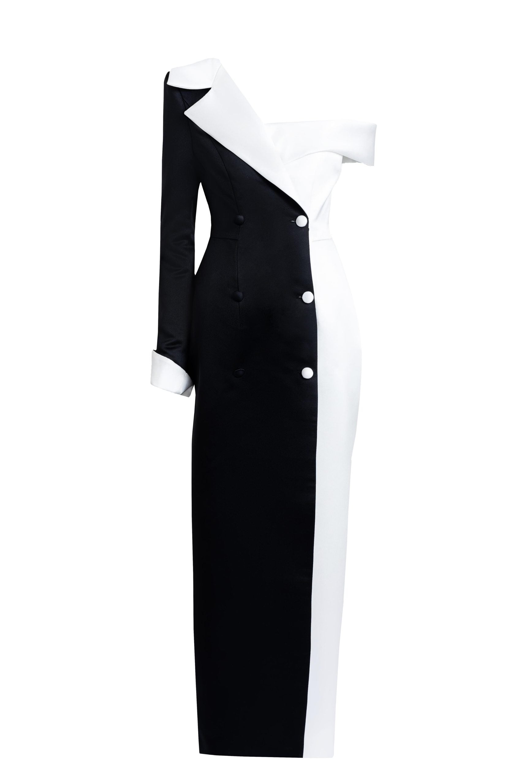 Black White Two Tone Satin Gown Dress
