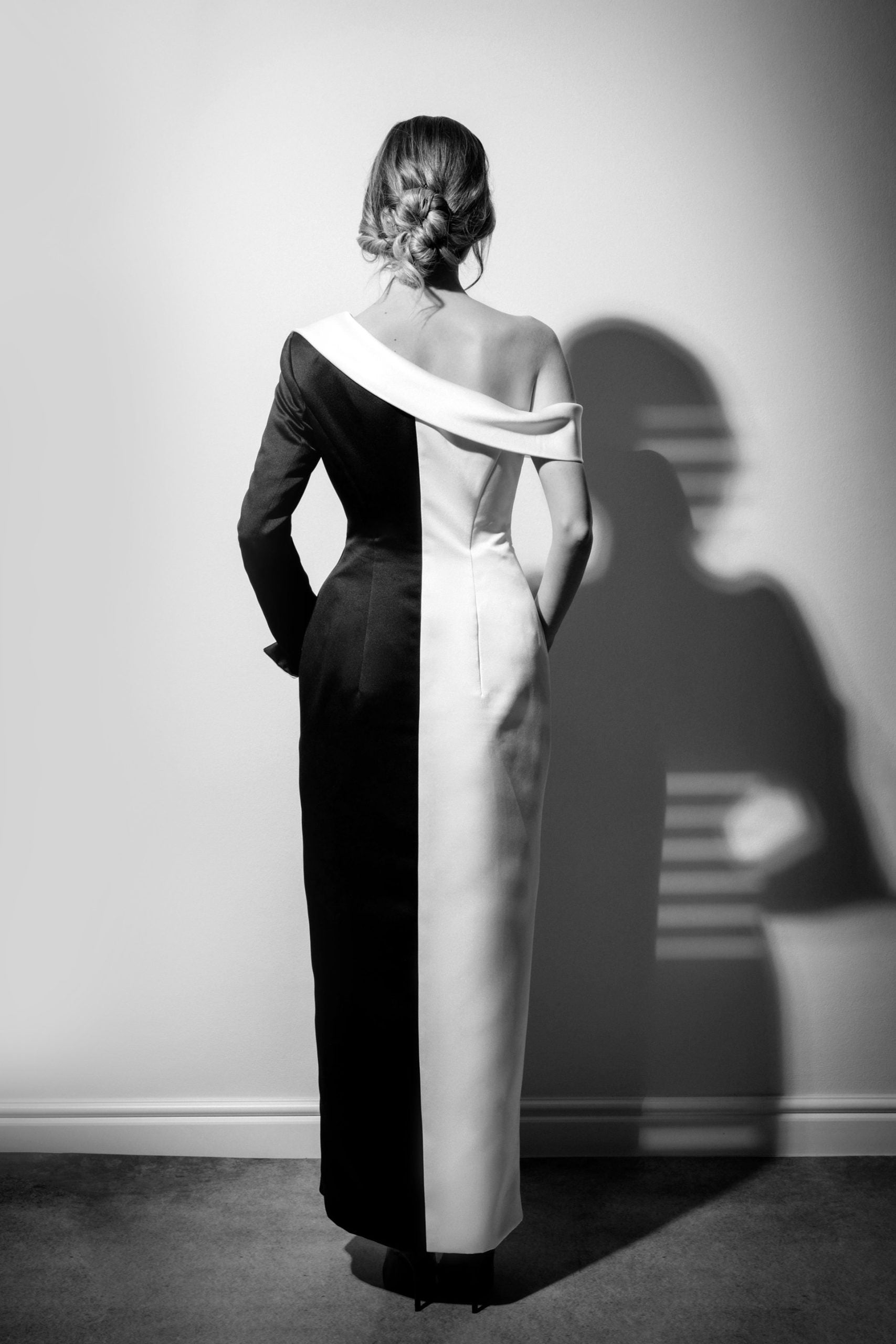 Black White Two Tone Satin Gown Dress