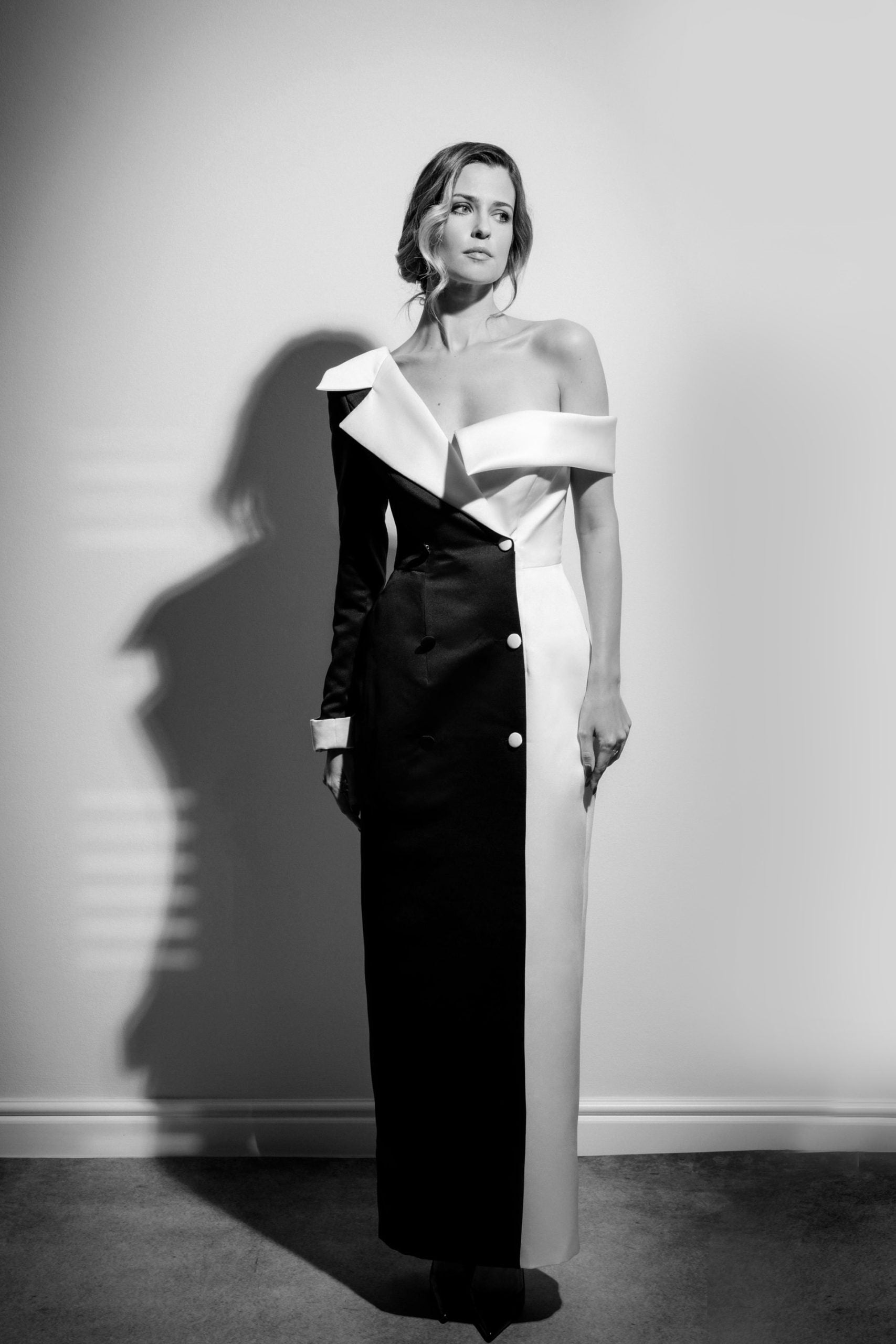 Black White Two Tone Satin Gown Dress
