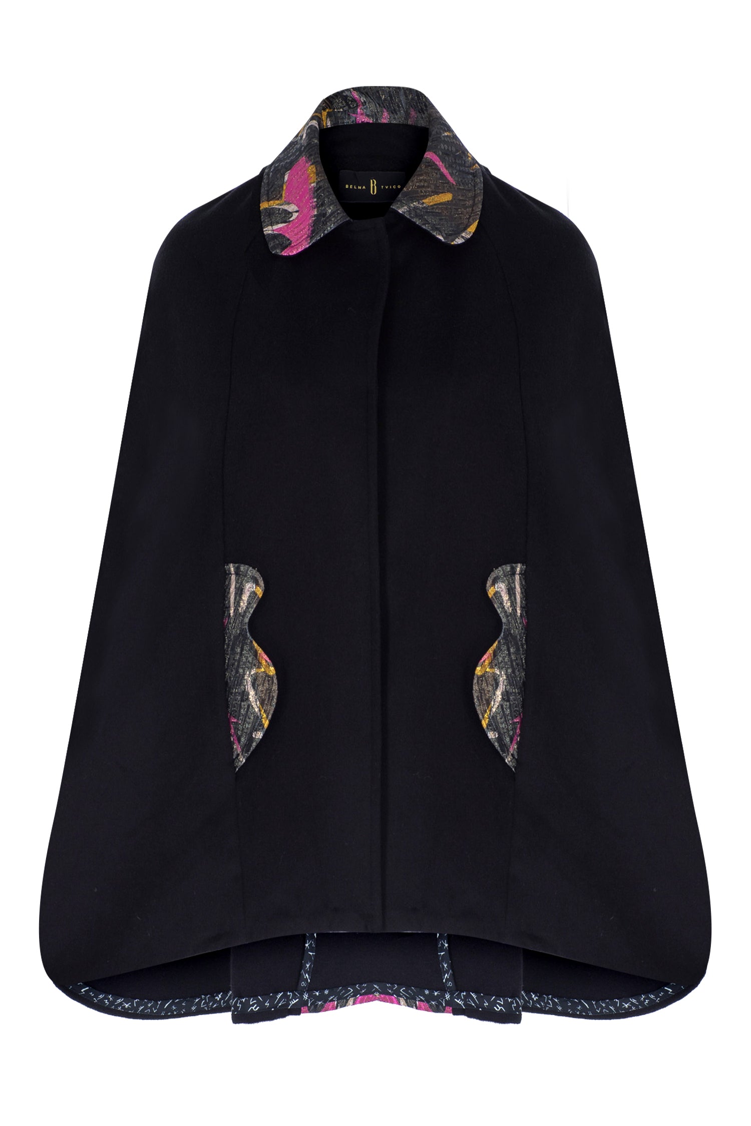 Black Multicolor Wool Blend Bosančica Poncho Coat