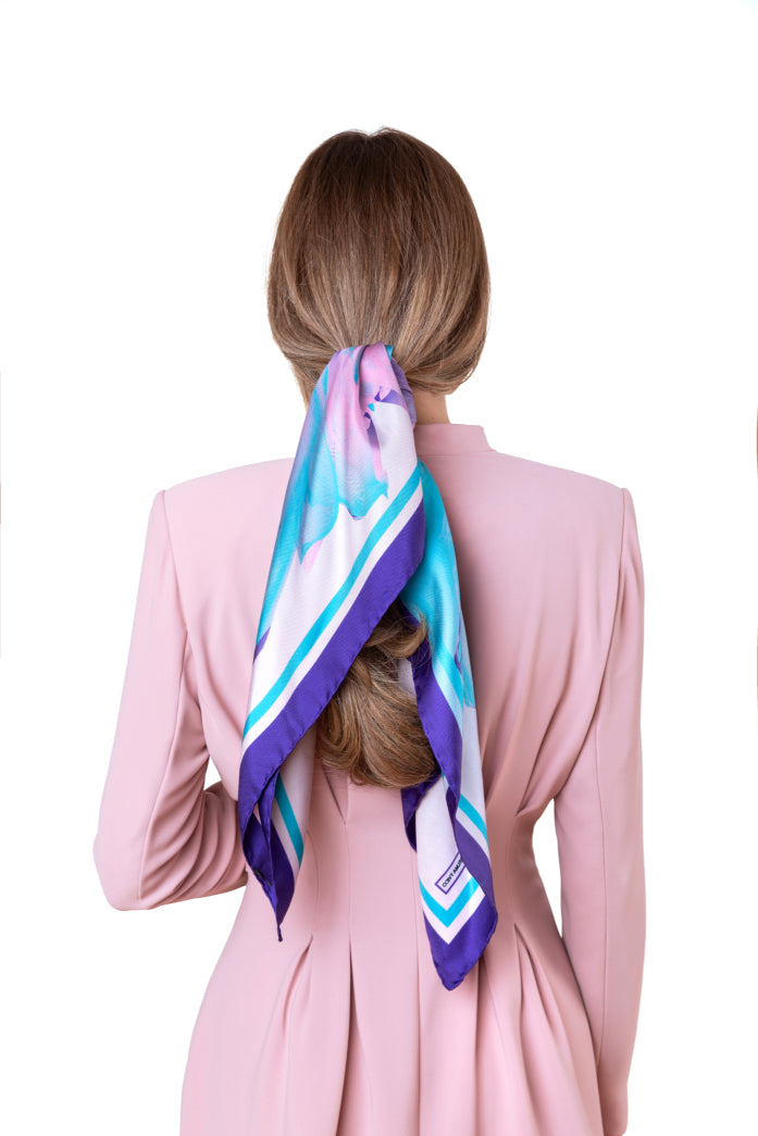 Blue Cyan Blue Sunset Printed Silk Scarf