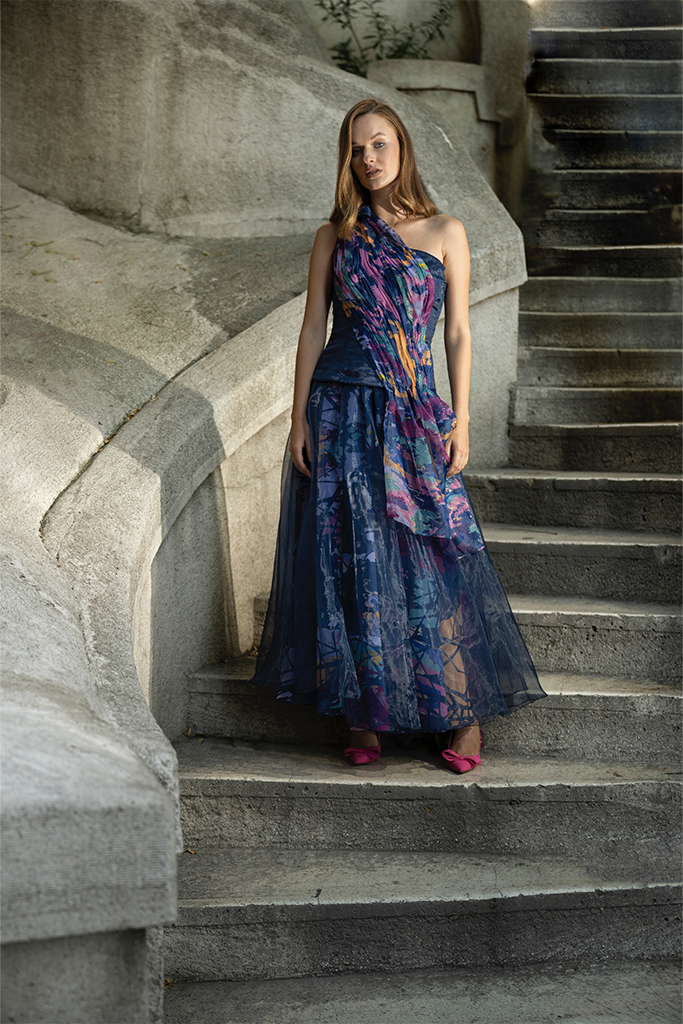 Blue Layered Flowing Organza Maxi Skirt