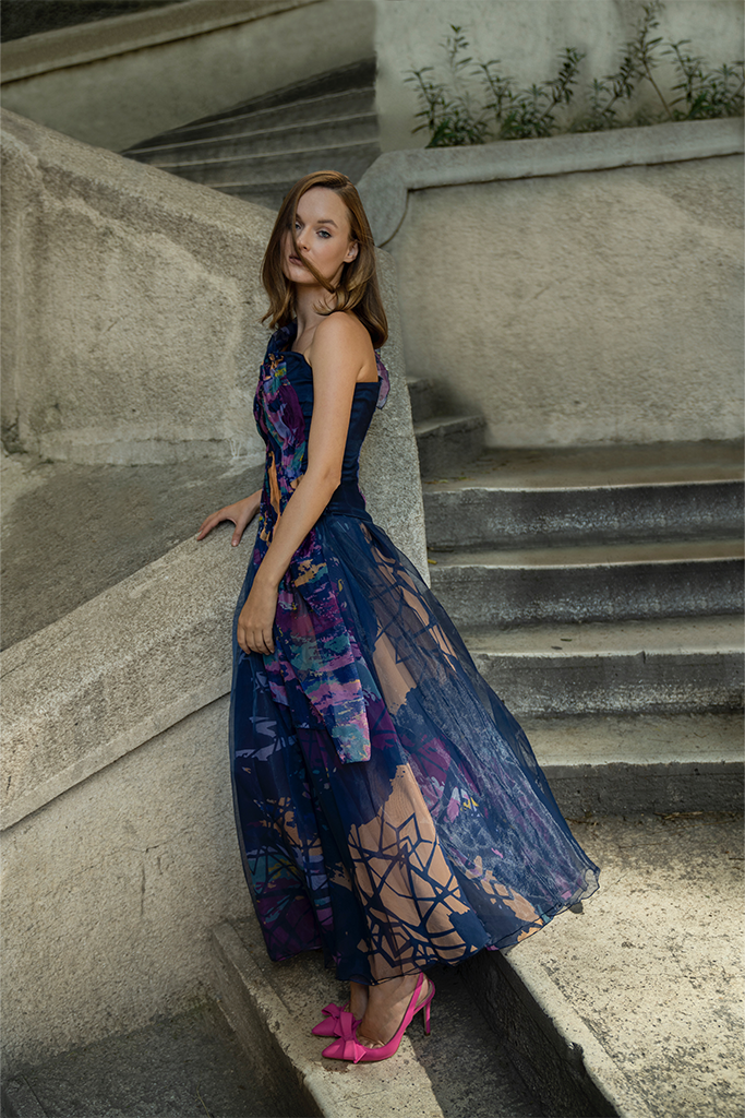 Blue Layered Flowing Organza Maxi Skirt