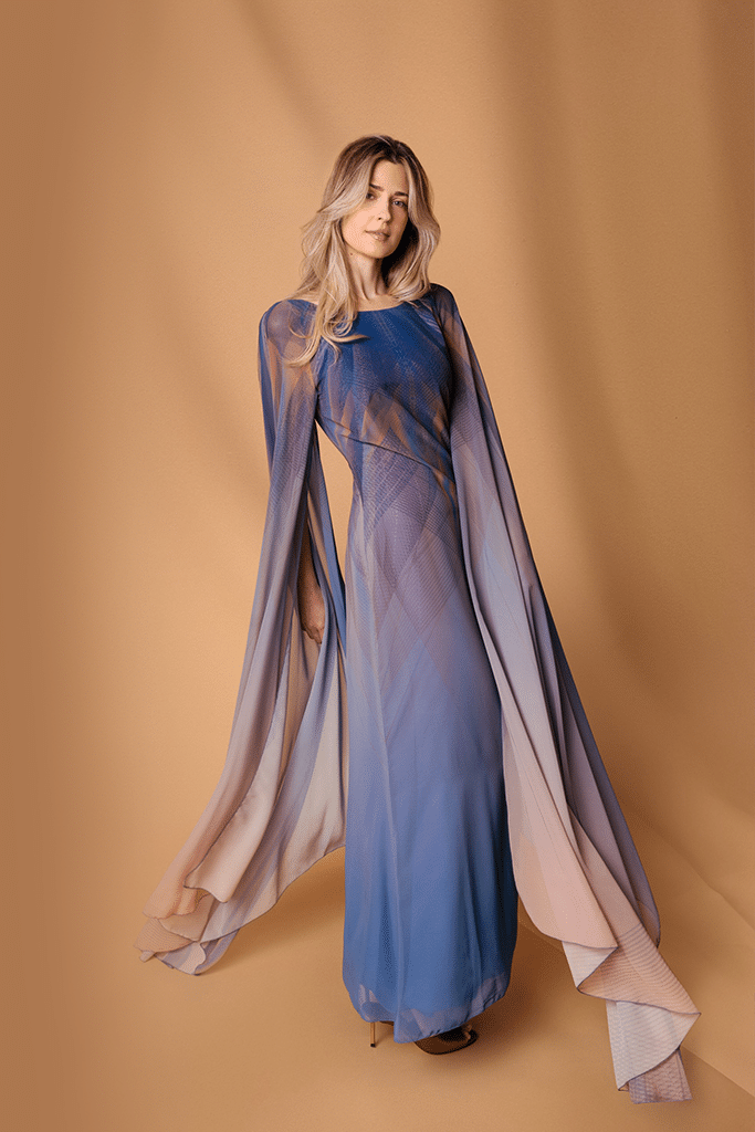 Blue Peach Chiffon Long Draped Sleeves Gown