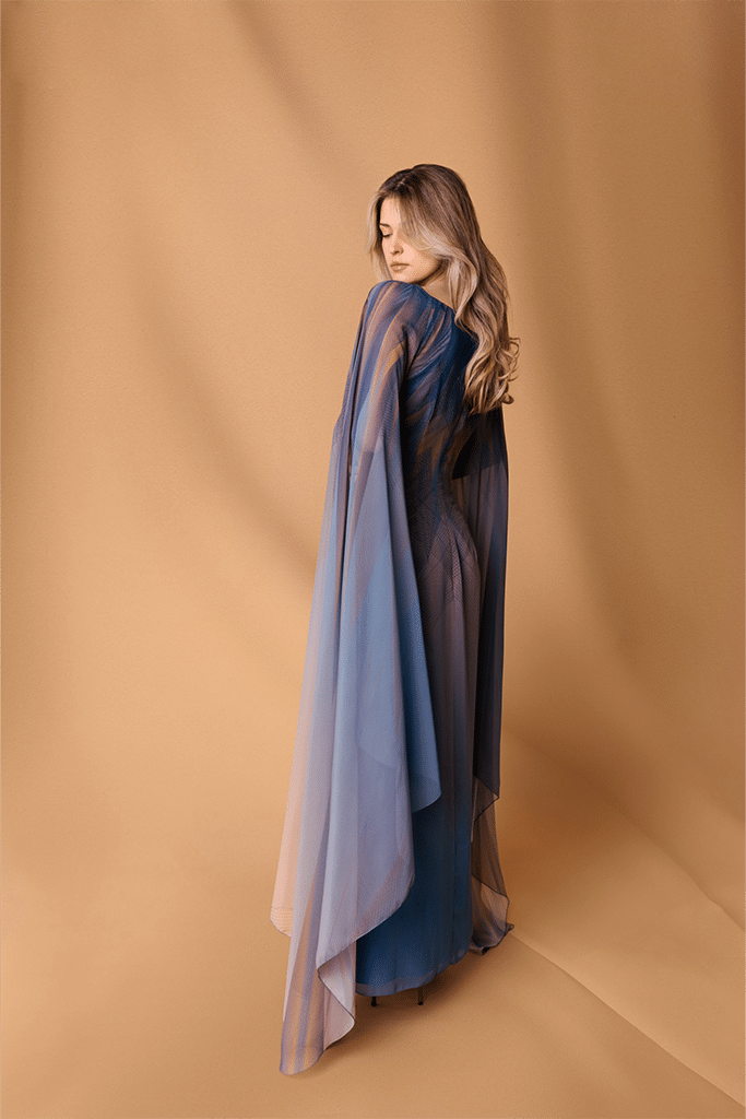 Blue Peach Chiffon Long Draped Sleeves Gown