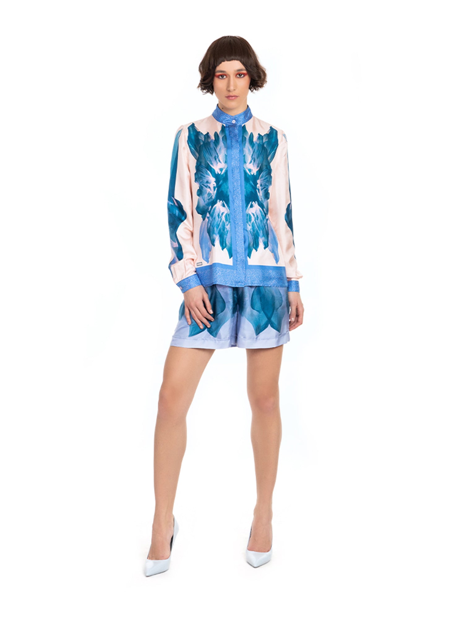Blue Pink Standing Collar Nile Silk Shirt