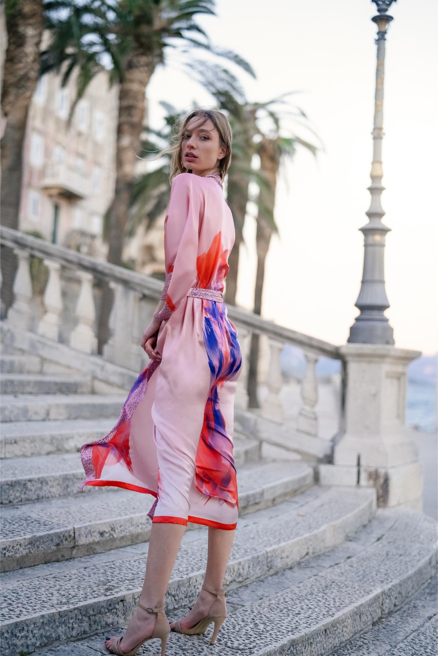 Blue Red Candy Sunset Kimono Silk Dress