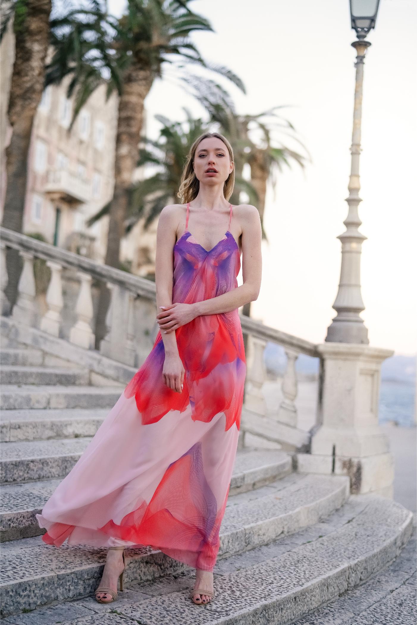 Blue Red Chiffon Candy Sunset Slip Dress