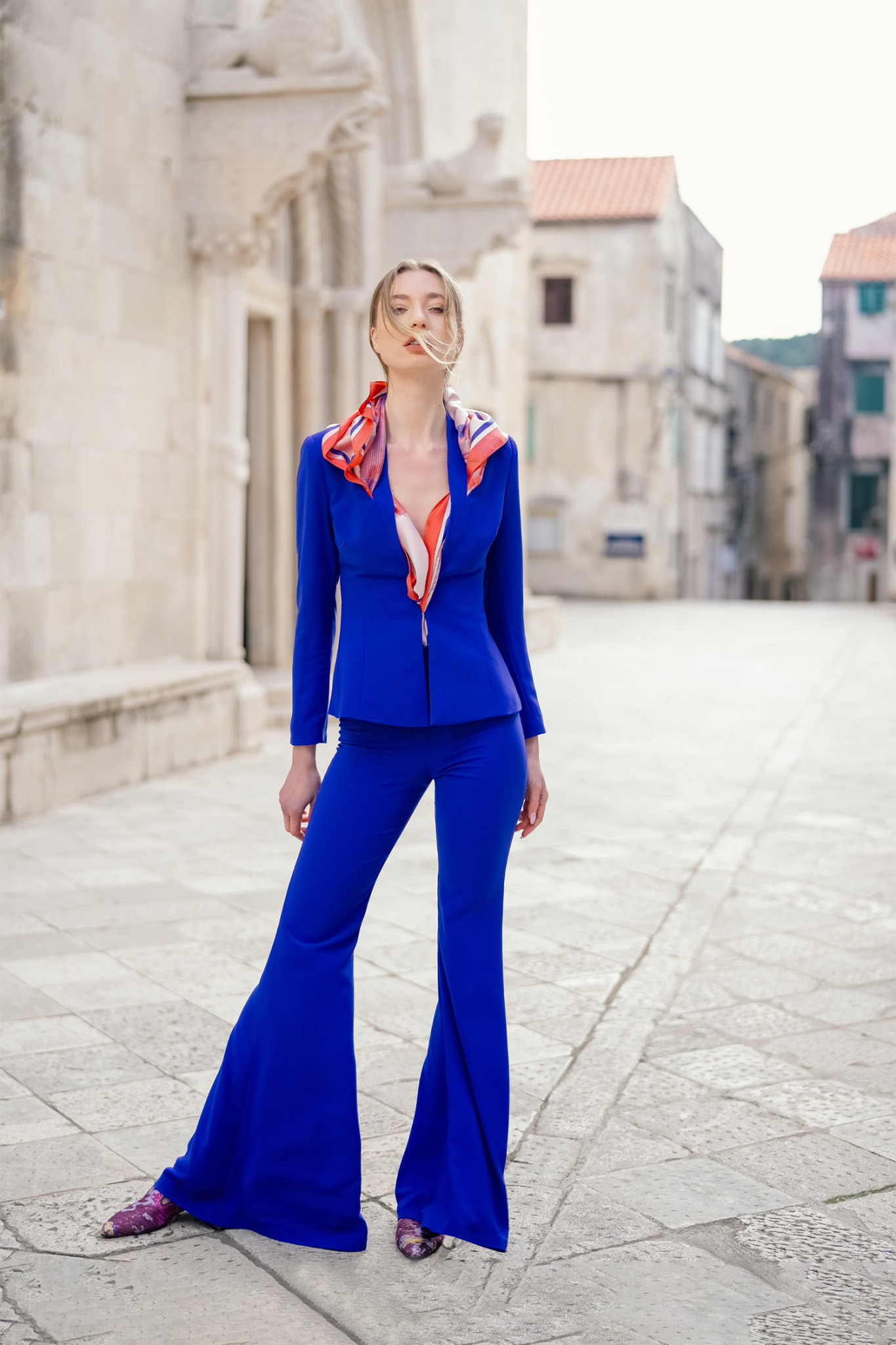 Blue Scarf Cut Out Cinched Blazer