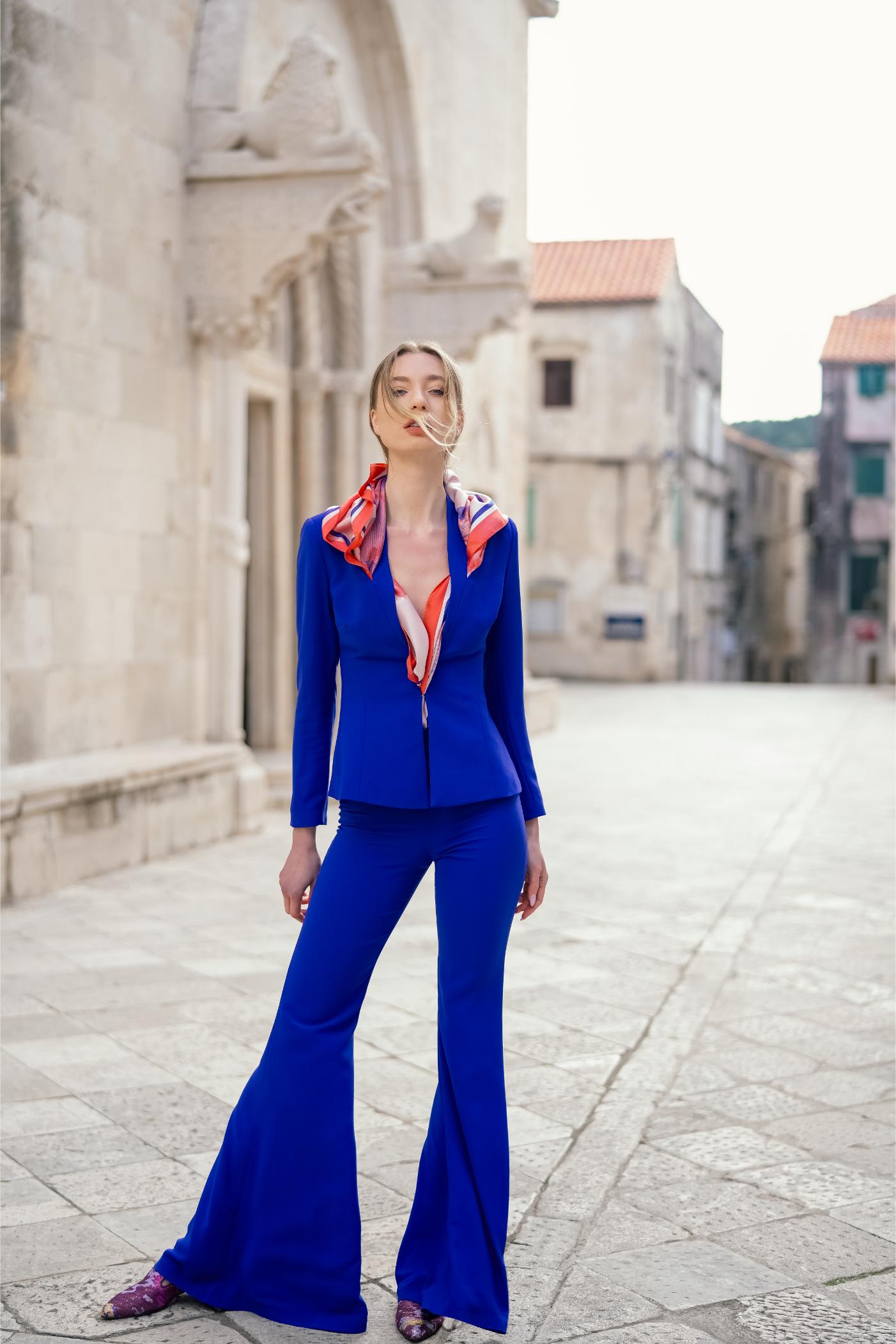 Blue Scarf Cut Out Cinched Blazer