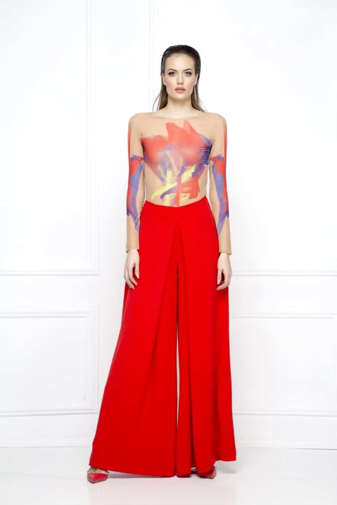 Coral Red Crepe Wide Leg Trousers