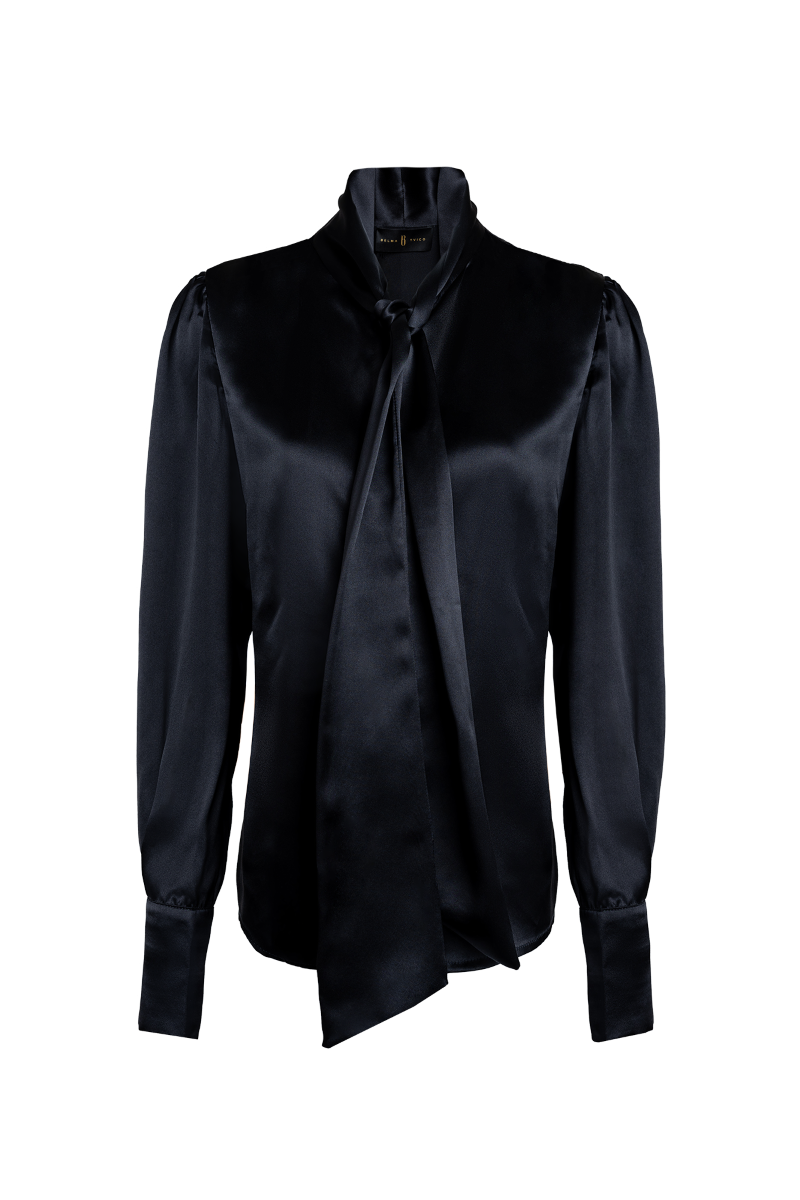 Deep Black Satin Silk Scarf Shirt