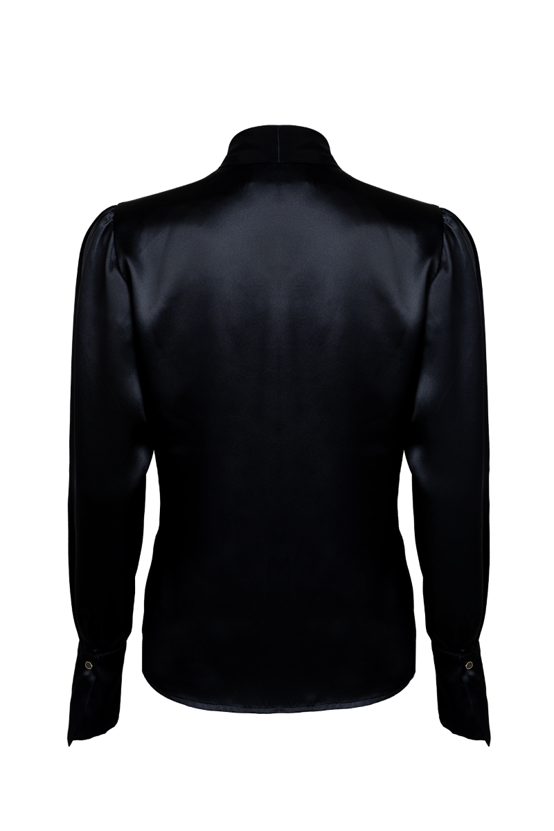 Deep Black Satin Silk Scarf Shirt