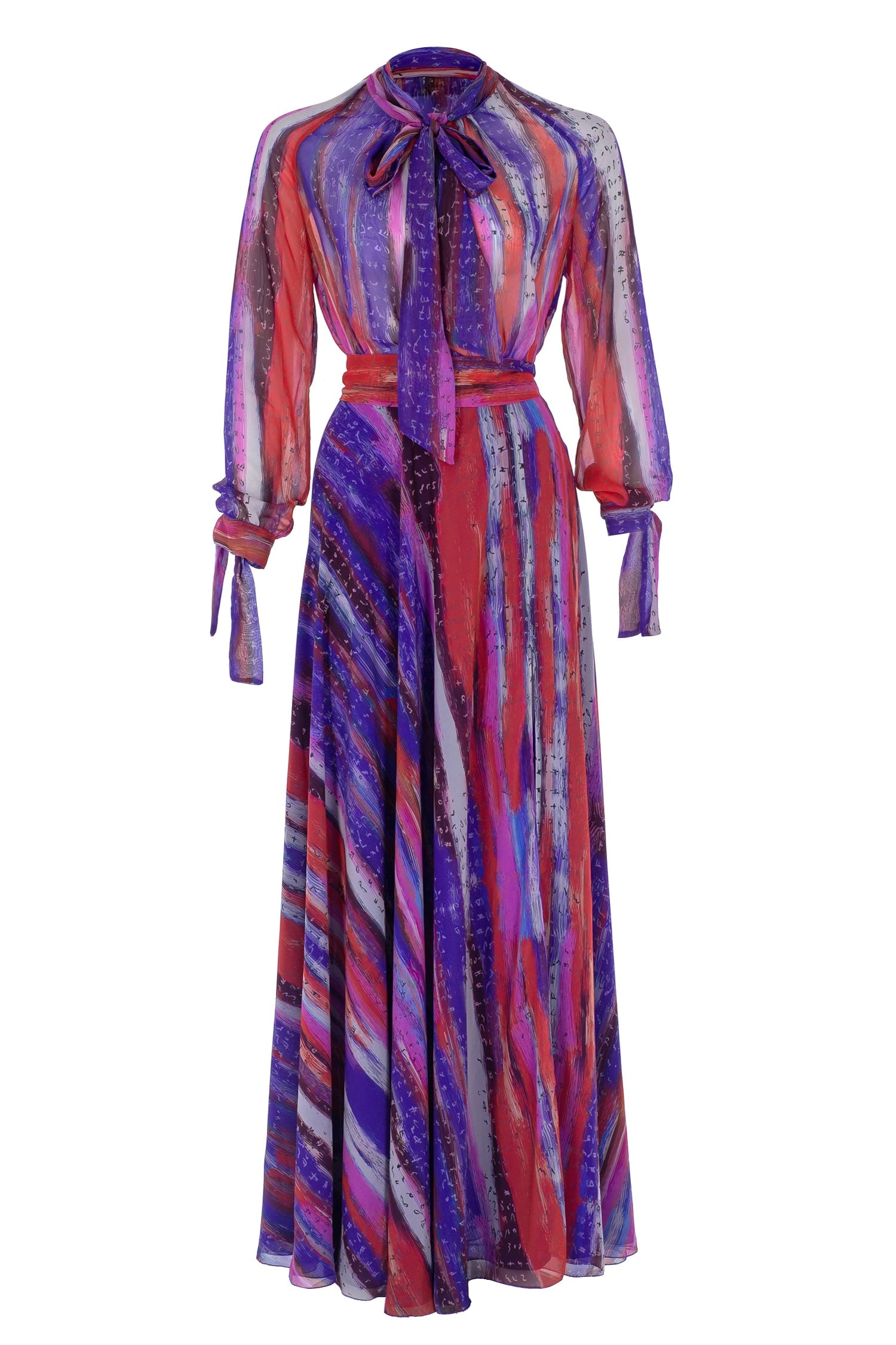 Red Blue Pink Bosančica Print Chiffon Dress