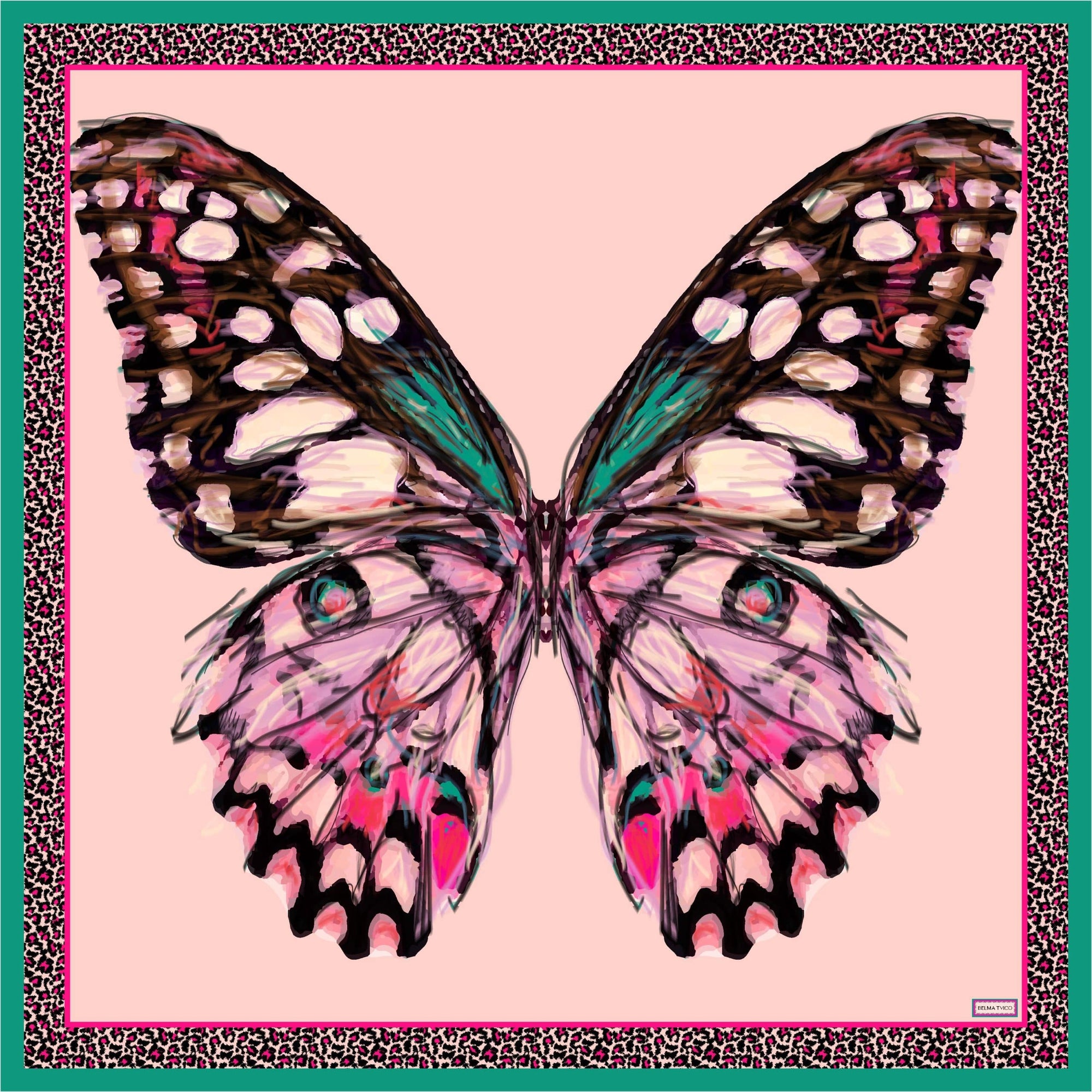 Fuchsia Amazon Green Nebulae Butterfly Printed Silk Scarf