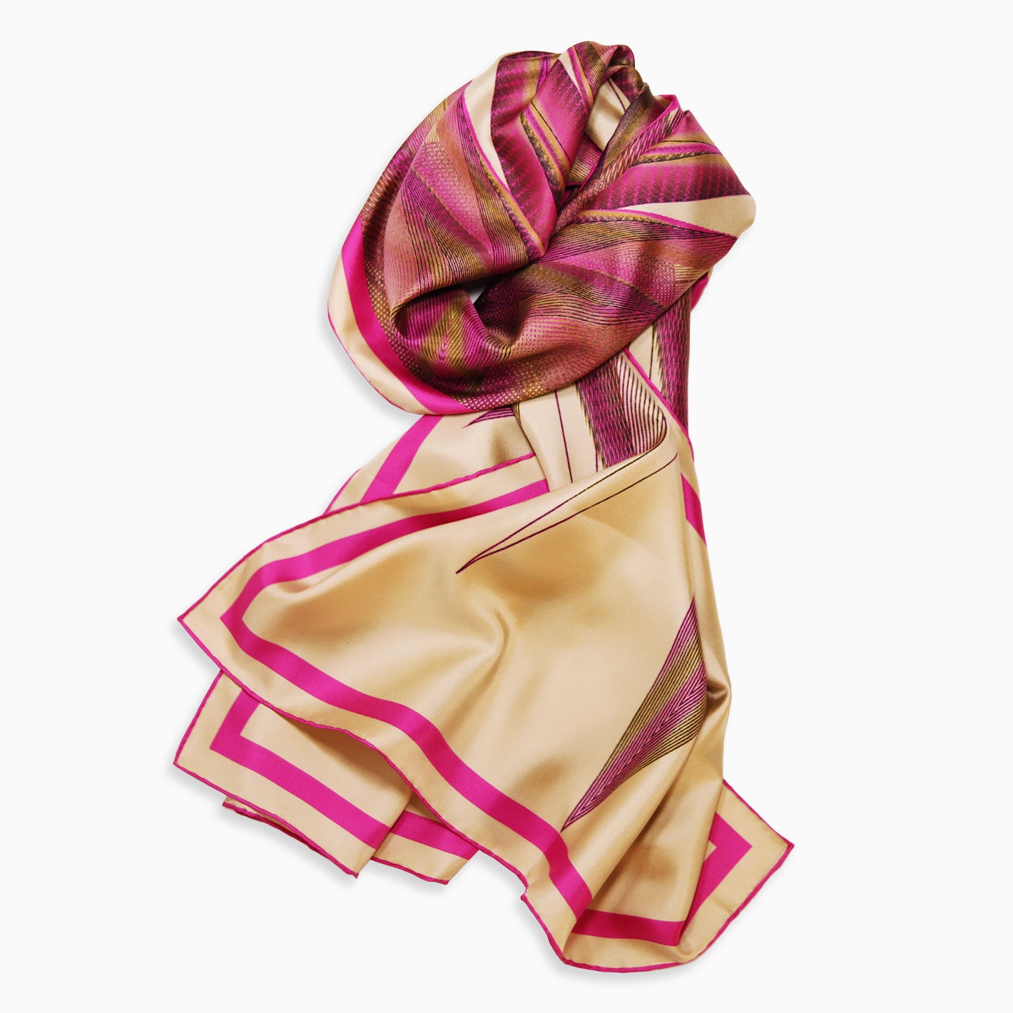 Fuchsia Beige Gold Pictoris Rectangular Silk Scarf