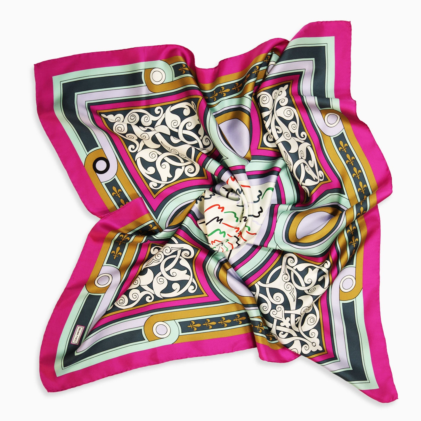 Fuchsia Light Blue Green Dahlia Silk Twill Scarf