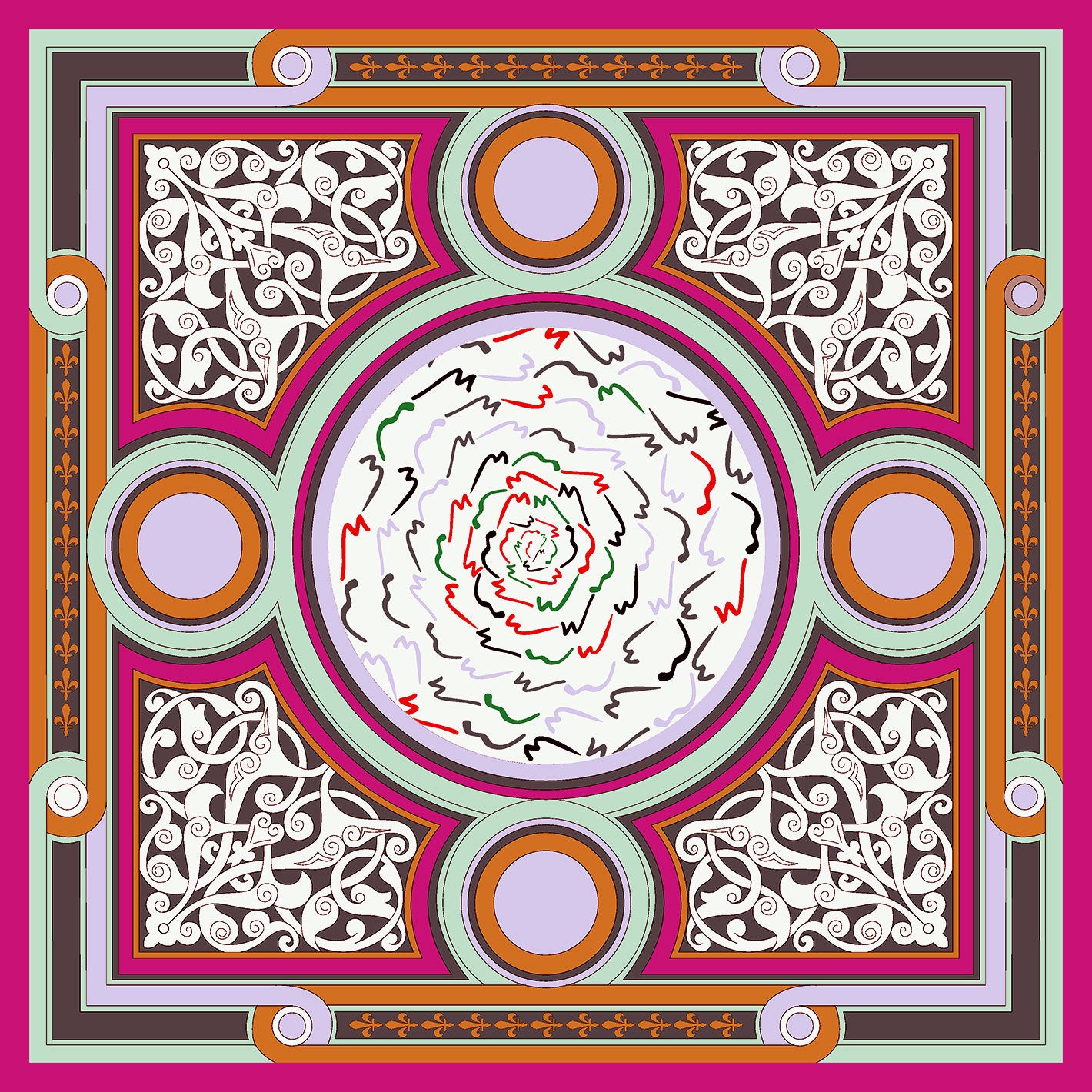 Fuchsia Light Blue Green Dahlia Silk Twill Scarf
