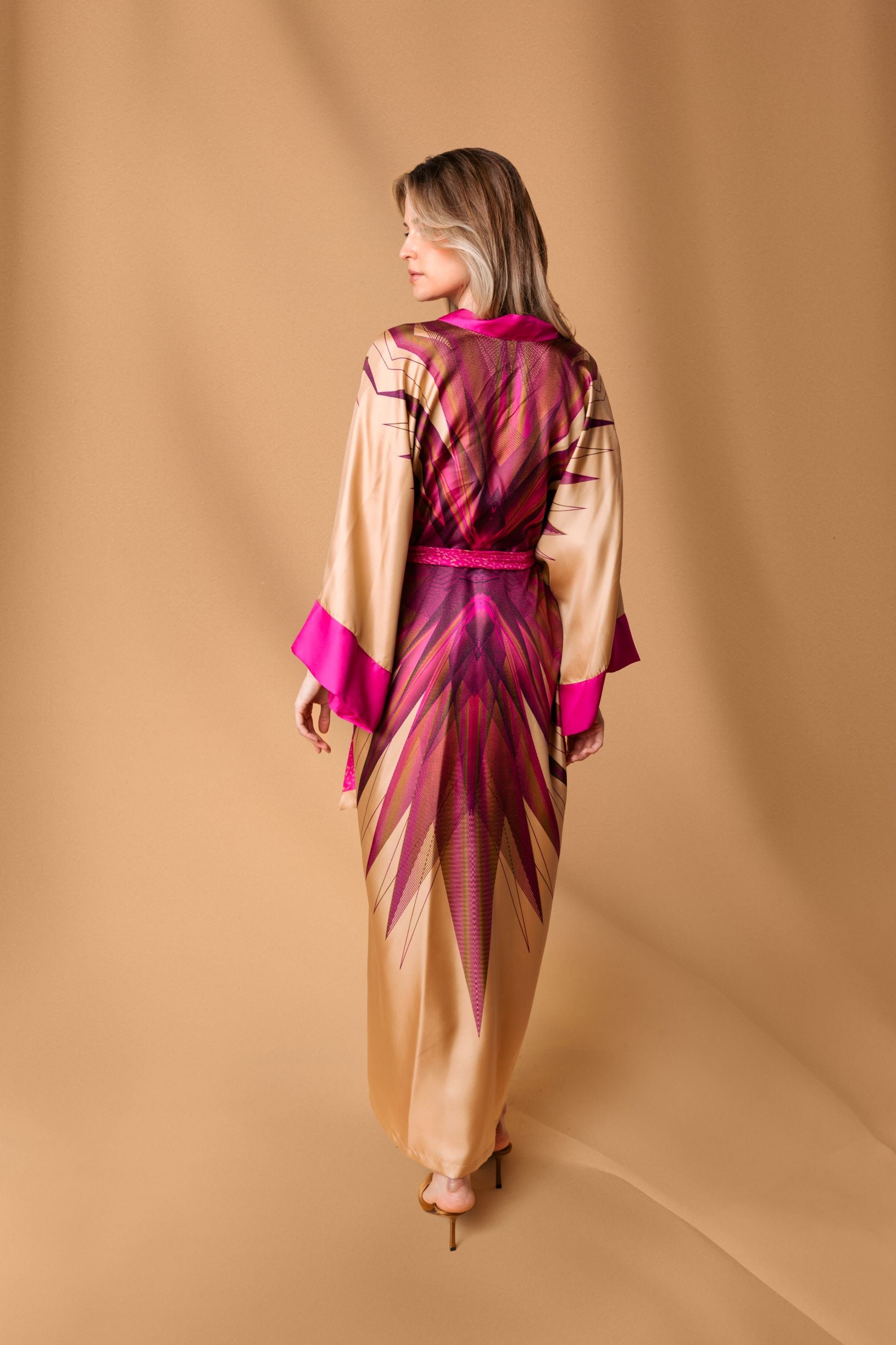 Gold Pink Pictoris Kimono Silk Dress