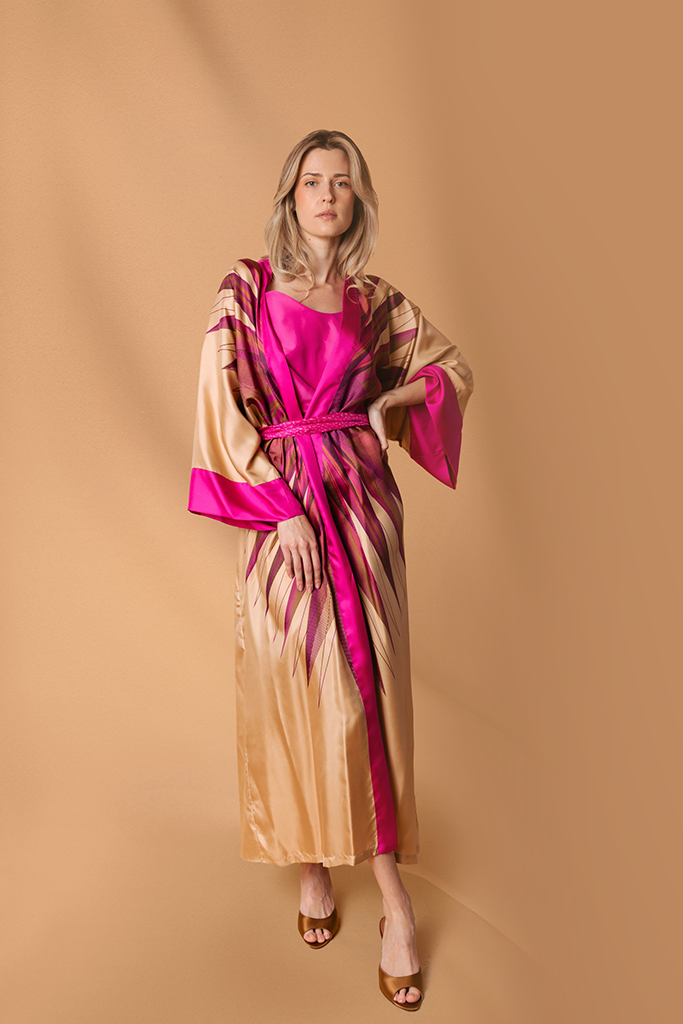 Gold Pink Pictoris Kimono Silk Dress