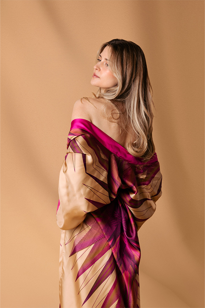 Gold Pink Pictoris Kimono Silk Dress
