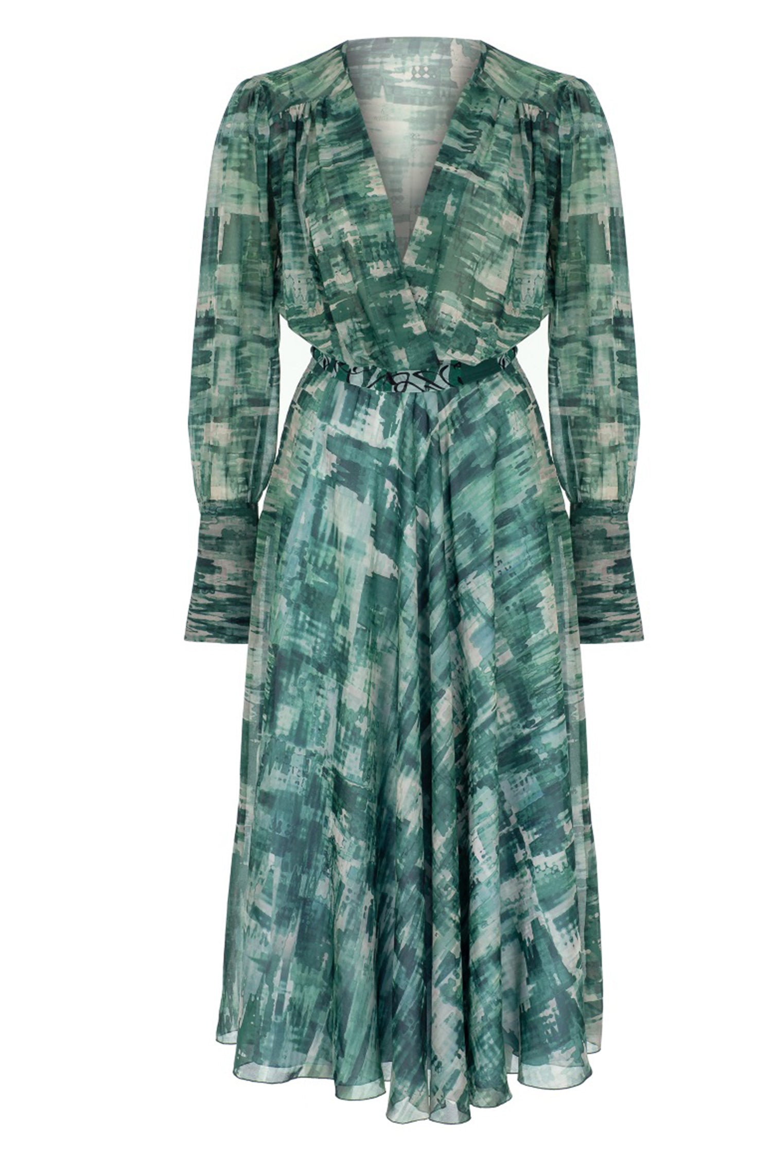 Green Chiffon Intricate Wrap Dress