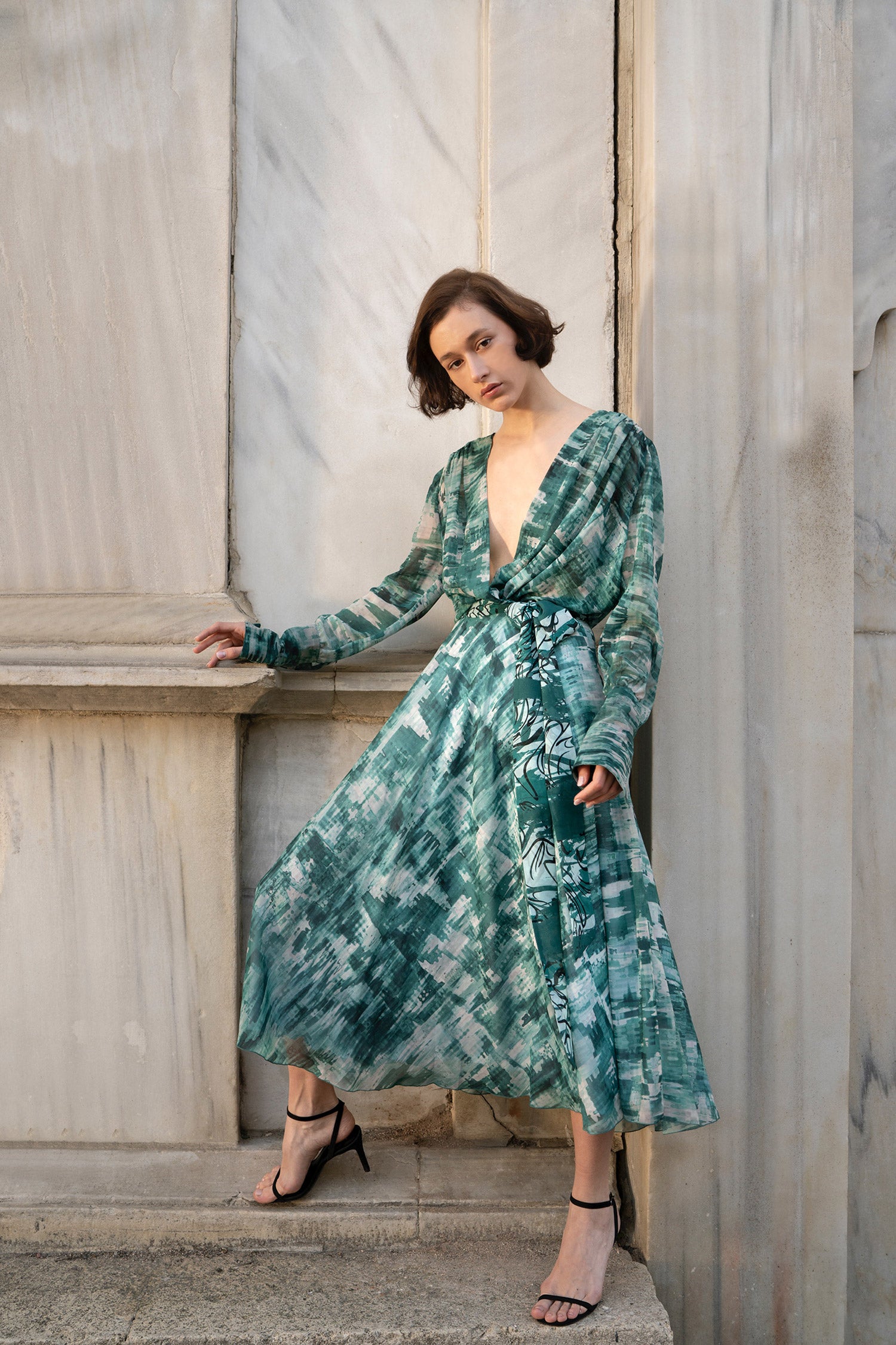Green Chiffon Intricate Wrap Dress