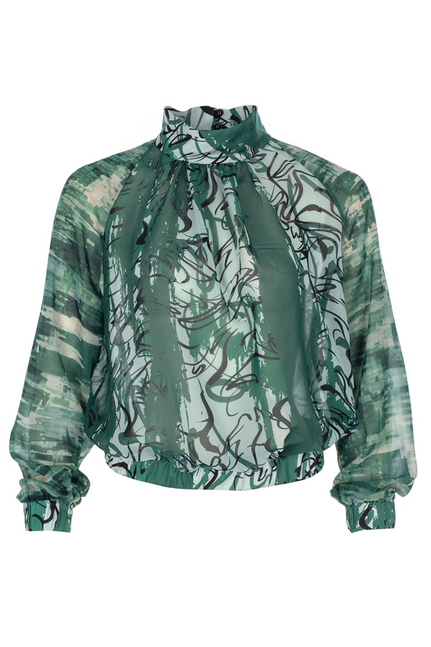 Green Printed Chiffon Stand-Collar Blouse