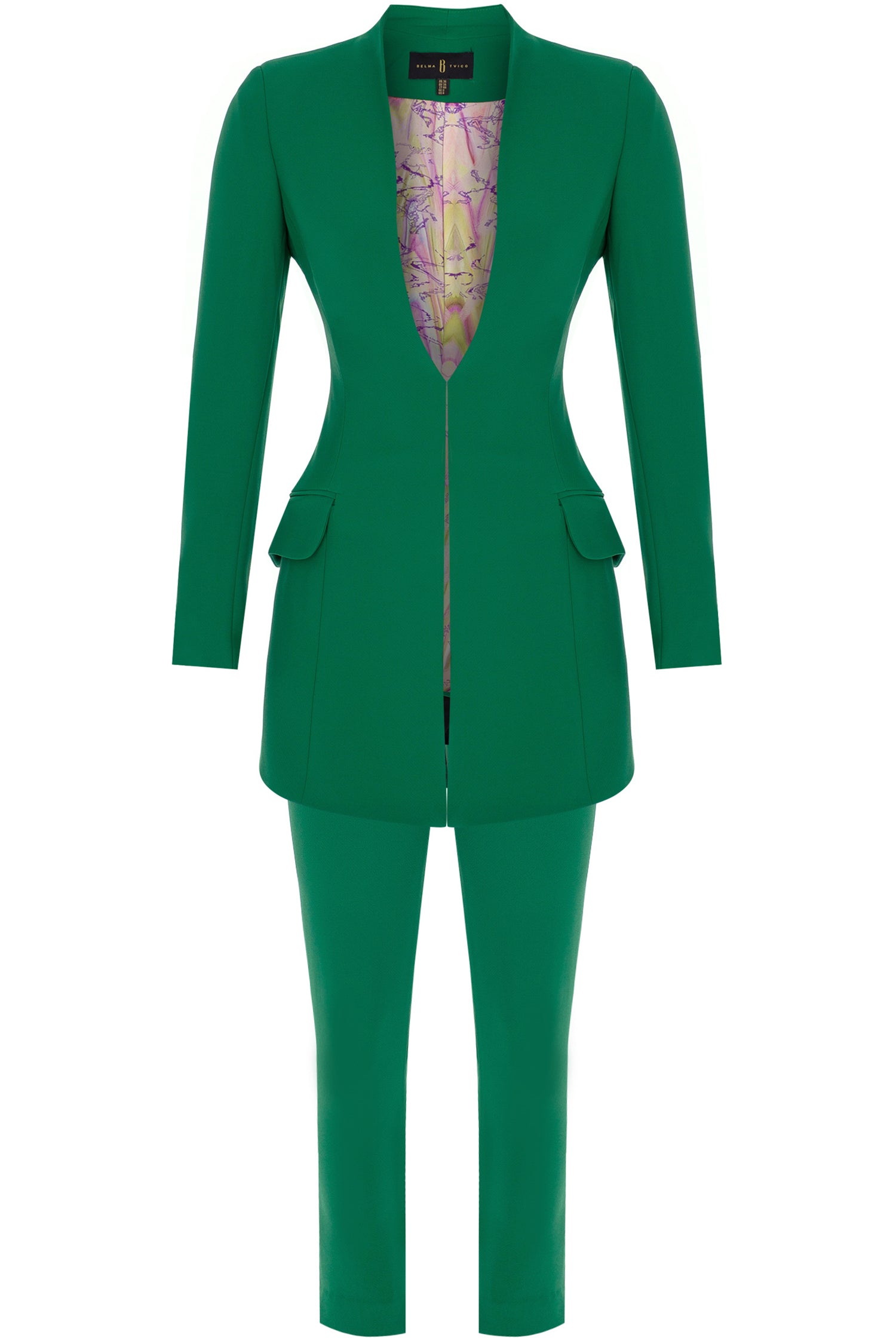 Jade Green Crepe Tailored Collarless Suit