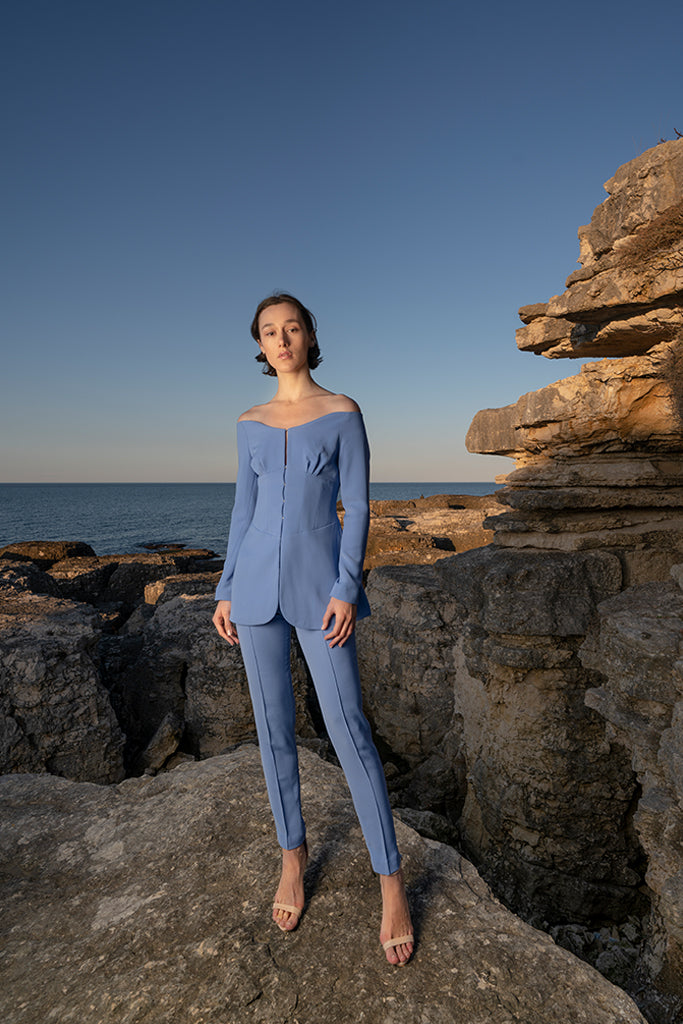 Light Blue Off-the-shoulder Deep Neckline Suit