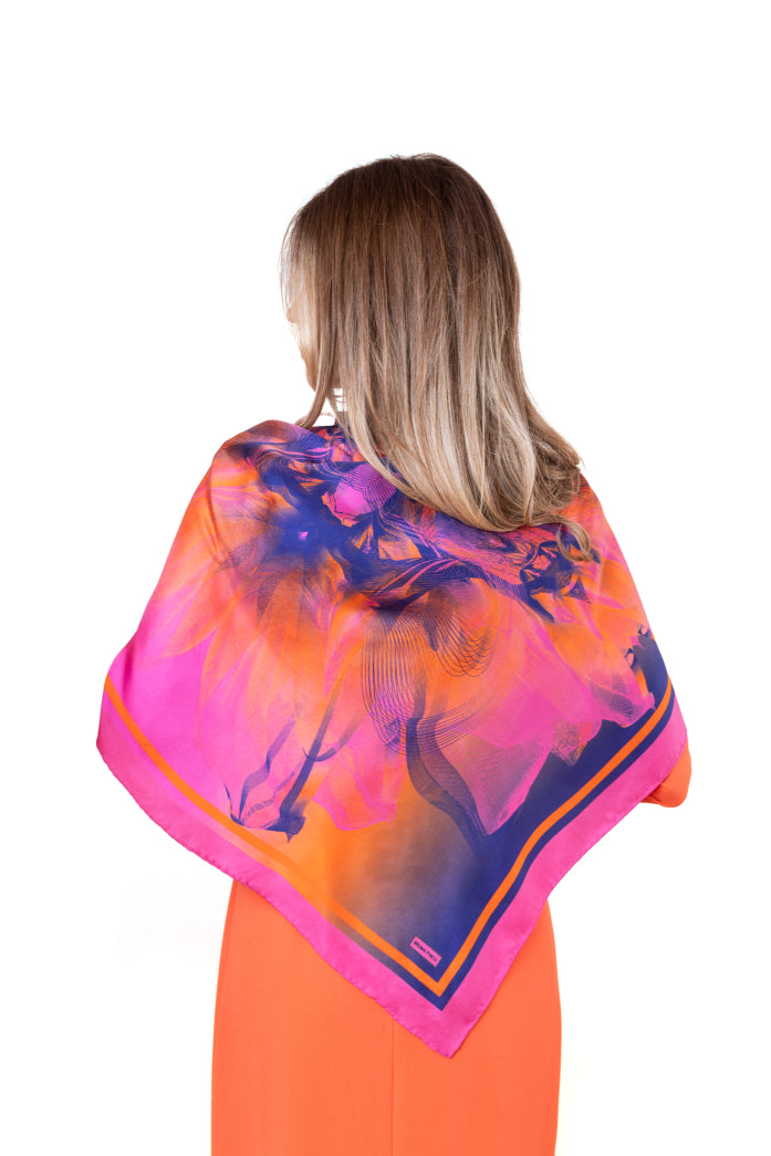 Magenta Pink Coral Sunset Printed Silk Scarf