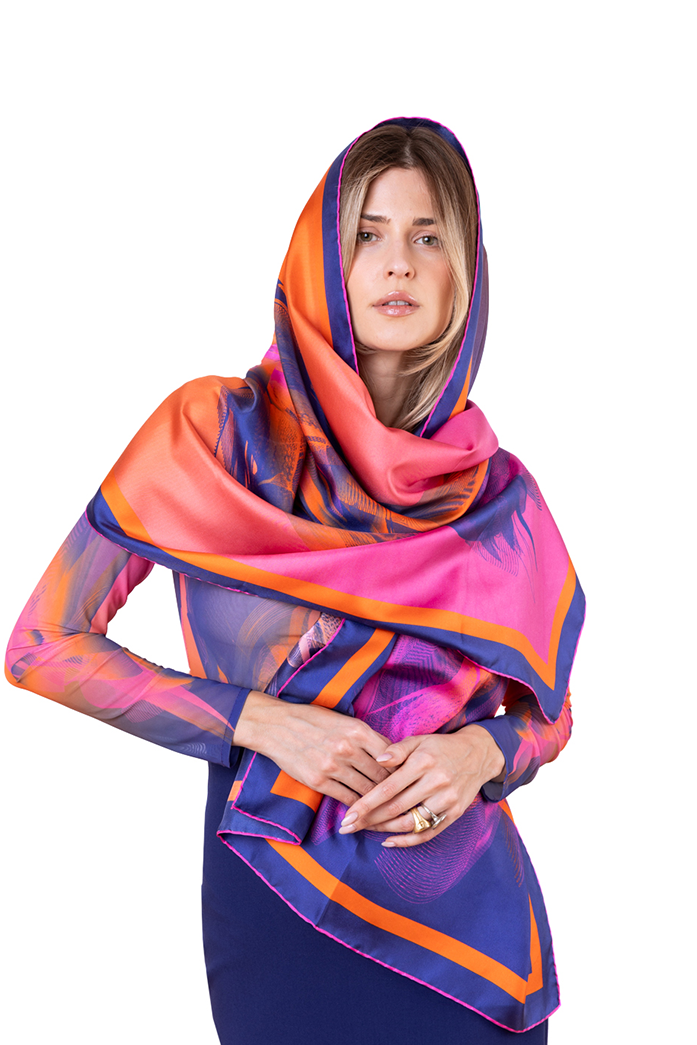 Magenta Pink Coral Sunset Rectangular Silk Scarf